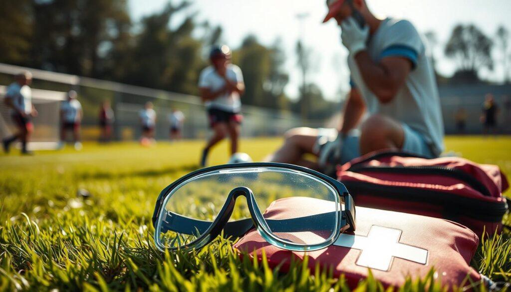 A close-up scene focused on a pair of safety goggles resting on a first aid kit, set on a grassy field where a sports game is taking place in the background. The goggles should be prominently displayed in the foreground, reflecting bright sunlight to illustrate their importance for eye protection. In the middle ground, a concerned coach is attending to an injured player, applying a cold compress over their eyes, showcasing the theme of first aid and recovery. The background features blurred athletes engaged in a game, emphasizing the active sports environment. The atmosphere is tense yet caring, with a warm afternoon light casting soft shadows, enhancing the sense of urgency and care in dealing with eye injuries. A close-up scene focused on a pair of safety goggles resting on a first aid kit, set on a grassy field where a sports game is taking place in the background. The goggles should be prominently displayed in the foreground, reflecting bright sunlight to illustrate their importance for eye protection. In the middle ground, a concerned coach is attending to an injured player, applying a cold compress over their eyes, showcasing the theme of first aid and recovery. The background features blurred athletes engaged in a game, emphasizing the active sports environment. The atmosphere is tense yet caring, with a warm afternoon light casting soft shadows, enhancing the sense of urgency and care in dealing with eye injuries.