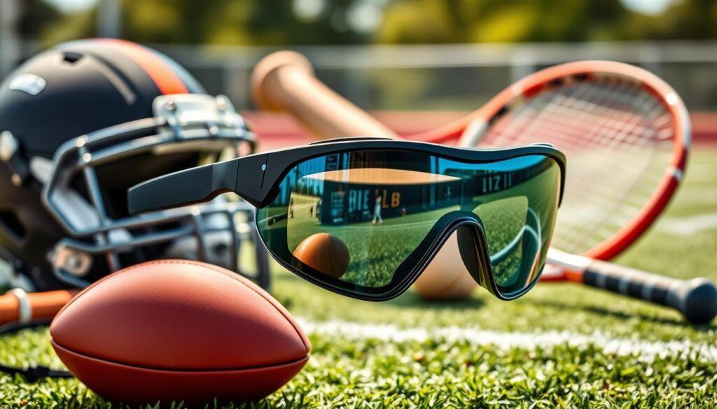 A dynamic display of protective eyewear designed for various sports, prominently featuring a pair of sleek, modern goggles in the foreground. The goggles showcase advanced lens technology with a mirrored finish, highlighting both safety and style. In the middle ground, various types of sports gear, like a football helmet, a baseball bat, and a tennis racket, complement the eyewear, emphasizing the importance of protective gear in sports. The background features a blurred sports field, enhancing the athletic atmosphere, bathed in natural lighting that highlights the details of the eyewear. The overall mood is energetic and proactive, encouraging athletes to prioritize their eye safety while participating in sports activities. Ensure no people are present in the image. A dynamic display of protective eyewear designed for various sports, prominently featuring a pair of sleek, modern goggles in the foreground. The goggles showcase advanced lens technology with a mirrored finish, highlighting both safety and style. In the middle ground, various types of sports gear, like a football helmet, a baseball bat, and a tennis racket, complement the eyewear, emphasizing the importance of protective gear in sports. The background features a blurred sports field, enhancing the athletic atmosphere, bathed in natural lighting that highlights the details of the eyewear. The overall mood is energetic and proactive, encouraging athletes to prioritize their eye safety while participating in sports activities. Ensure no people are present in the image.