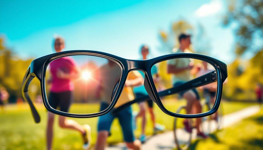 A pair of sleek, modern UV protection eyewear is prominently featured in the foreground, designed with a sporty, high-tech aesthetic. The lenses have a slight gradient, reflecting sunlight to emphasize their protective quality. In the middle ground, a vibrant outdoor sports scene unfolds, showcasing athletes jogging and biking under a bright blue sky, conveying an active lifestyle. The background is filled with blurred greenery, suggesting a sunny park environment, creating an energetic and refreshing atmosphere. The image is illuminated by warm, natural sunlight, giving it a vibrant and clear quality. Capture this scene with a shallow depth of field, focusing on the eyewear while still showcasing the joyful activity around it, evoking a sense of health and vitality. A pair of sleek, modern UV protection eyewear is prominently featured in the foreground, designed with a sporty, high-tech aesthetic. The lenses have a slight gradient, reflecting sunlight to emphasize their protective quality. In the middle ground, a vibrant outdoor sports scene unfolds, showcasing athletes jogging and biking under a bright blue sky, conveying an active lifestyle. The background is filled with blurred greenery, suggesting a sunny park environment, creating an energetic and refreshing atmosphere. The image is illuminated by warm, natural sunlight, giving it a vibrant and clear quality. Capture this scene with a shallow depth of field, focusing on the eyewear while still showcasing the joyful activity around it, evoking a sense of health and vitality.