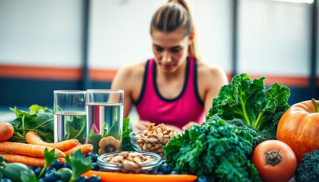 A vibrant and healthy display of foods beneficial for eye health, prominently featuring colorful fruits and vegetables such as carrots, blueberries, spinach, and kale in the foreground. A glass of water, symbolizing hydration, sits invitingly beside a small bowl of nuts. In the middle ground, an athlete in modest casual clothing examines the nutritious spread with a focused, determined expression, showing their commitment to eye health. The background softly blurs, hinting at an athletic setting, perhaps a gym or outdoor field, under bright, natural lighting that creates an uplifting atmosphere. The composition emphasizes clarity and focus, capturing the essence of nutrition and hydration for optimal eye health. A vibrant and healthy display of foods beneficial for eye health, prominently featuring colorful fruits and vegetables such as carrots, blueberries, spinach, and kale in the foreground. A glass of water, symbolizing hydration, sits invitingly beside a small bowl of nuts. In the middle ground, an athlete in modest casual clothing examines the nutritious spread with a focused, determined expression, showing their commitment to eye health. The background softly blurs, hinting at an athletic setting, perhaps a gym or outdoor field, under bright, natural lighting that creates an uplifting atmosphere. The composition emphasizes clarity and focus, capturing the essence of nutrition and hydration for optimal eye health.