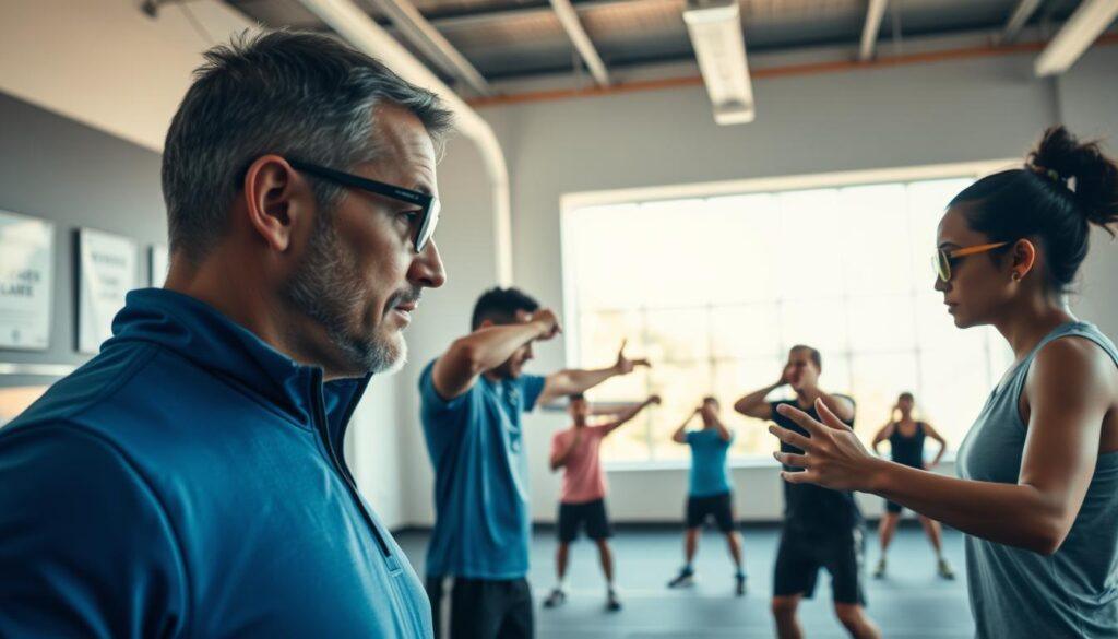 A dynamic indoor training environment showcasing a diverse group of athletes engaged in vision drills. In the foreground, a focused male coach analyzes the performance of two athletes, one male and one female, both dressed in professional sports attire, executing drills that emphasize agility and hand-eye coordination. The middle ground captures additional athletes performing various vision exercises, such as tracking moving objects and reacting to unexpected stimuli, all within a well-lit gym space featuring motivational posters. The background consists of a large window allowing natural light to flood the area, enhancing the atmosphere of concentration and commitment. Use a wide-angle lens perspective to create depth, and maintain a bright, energetic mood that conveys the importance of avoiding common pitfalls in training. A dynamic indoor training environment showcasing a diverse group of athletes engaged in vision drills. In the foreground, a focused male coach analyzes the performance of two athletes, one male and one female, both dressed in professional sports attire, executing drills that emphasize agility and hand-eye coordination. The middle ground captures additional athletes performing various vision exercises, such as tracking moving objects and reacting to unexpected stimuli, all within a well-lit gym space featuring motivational posters. The background consists of a large window allowing natural light to flood the area, enhancing the atmosphere of concentration and commitment. Use a wide-angle lens perspective to create depth, and maintain a bright, energetic mood that conveys the importance of avoiding common pitfalls in training.