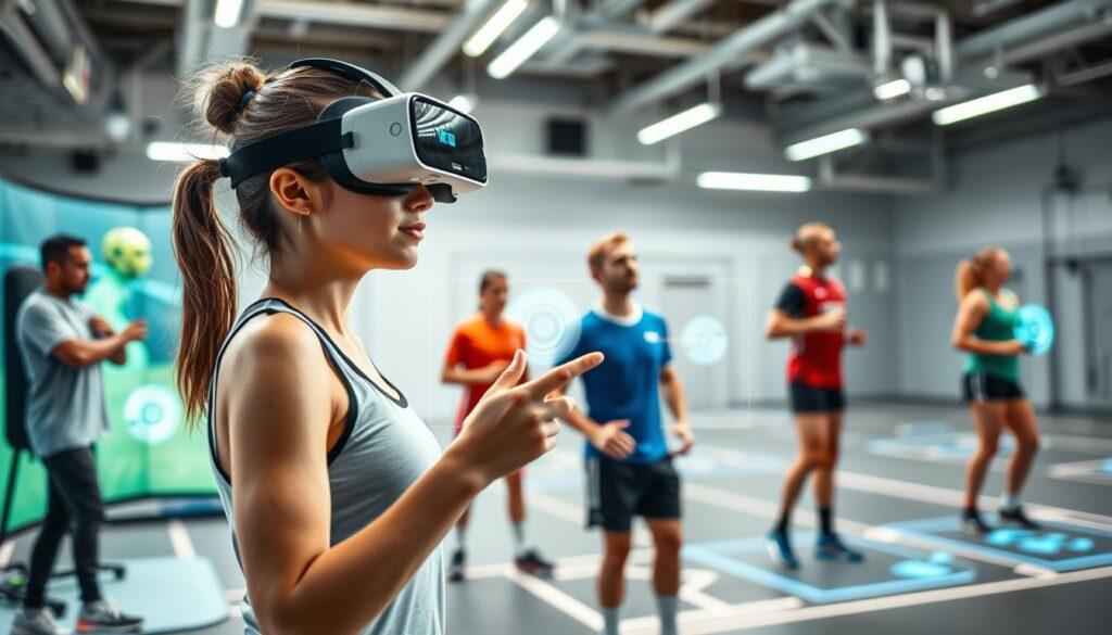 A dynamic sports training scene featuring a diverse group of athletes engaging in virtual reality (VR) and augmented reality (AR) exercises to enhance their eye health. In the foreground, a young female athlete, dressed in professional athletic wear, interacts with an AR headset, focused and immersed in a virtual training environment. The middle ground showcases a variety of sports training equipment, like VR simulation mats and holographic targets, with other athletes, including a male soccer player and a female basketball player, also using cutting-edge technology to improve their performance. The background features a high-tech training facility with bright, even lighting that enhances the futuristic atmosphere. The image conveys a sense of innovation and motivation, highlighting the intersection of technology and sports training. A dynamic sports training scene featuring a diverse group of athletes engaging in virtual reality (VR) and augmented reality (AR) exercises to enhance their eye health. In the foreground, a young female athlete, dressed in professional athletic wear, interacts with an AR headset, focused and immersed in a virtual training environment. The middle ground showcases a variety of sports training equipment, like VR simulation mats and holographic targets, with other athletes, including a male soccer player and a female basketball player, also using cutting-edge technology to improve their performance. The background features a high-tech training facility with bright, even lighting that enhances the futuristic atmosphere. The image conveys a sense of innovation and motivation, highlighting the intersection of technology and sports training.