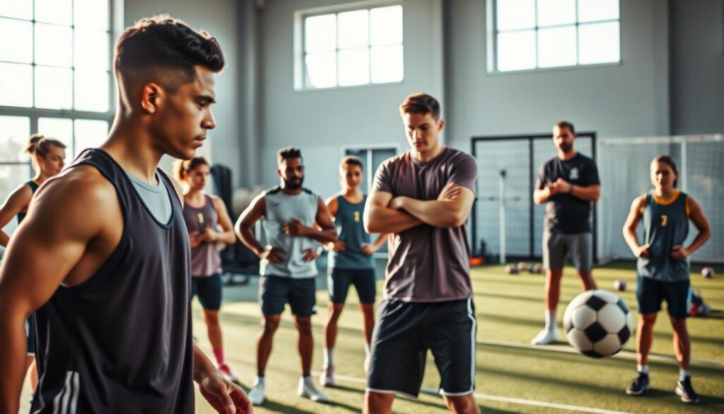 A dynamic training scene showcasing a diverse group of athletes engaged in vision training drills. In the foreground, a focused athlete performs ball tracking exercises while wearing modern sportswear. In the middle ground, a coach observes from a distance, taking notes and offering feedback, emphasizing the importance of integration in training routines. In the background, a well-lit gym environment with training equipment and large windows allowing natural light to stream in, providing a bright, energizing atmosphere. The composition should capture a sense of balance and teamwork, highlighting concentration and skill development. Use a wide-angle lens to give depth and scale to the setting, and ensure the lighting is warm and inviting, creating a motivational vibe within the training space. A dynamic training scene showcasing a diverse group of athletes engaged in vision training drills. In the foreground, a focused athlete performs ball tracking exercises while wearing modern sportswear. In the middle ground, a coach observes from a distance, taking notes and offering feedback, emphasizing the importance of integration in training routines. In the background, a well-lit gym environment with training equipment and large windows allowing natural light to stream in, providing a bright, energizing atmosphere. The composition should capture a sense of balance and teamwork, highlighting concentration and skill development. Use a wide-angle lens to give depth and scale to the setting, and ensure the lighting is warm and inviting, creating a motivational vibe within the training space.