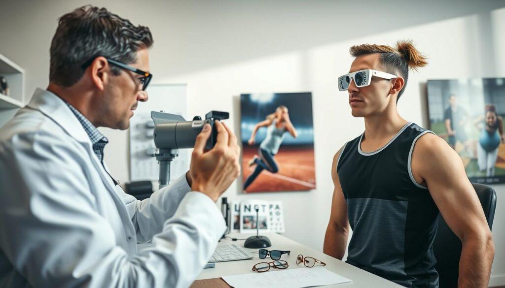 A focused eye examination scene tailored for athletes. In the foreground, an optometrist in a white lab coat demonstrates a state-of-the-art visual testing device to a focused athlete dressed in a sporty, professional outfit. The middle ground features various eye testing equipment like vision charts, lenses, and specialized sports vision tools. Soft, natural lighting illuminates the room, creating a bright and inviting atmosphere. In the background, motivational sports posters adorn the walls, showcasing peak athletic performance. The angle is slightly above eye level, emphasizing the importance of the eye examination process. The setting conveys a sense of professionalism, care, and a dedication to optimal athletic performance through proper vision health. A focused eye examination scene tailored for athletes. In the foreground, an optometrist in a white lab coat demonstrates a state-of-the-art visual testing device to a focused athlete dressed in a sporty, professional outfit. The middle ground features various eye testing equipment like vision charts, lenses, and specialized sports vision tools. Soft, natural lighting illuminates the room, creating a bright and inviting atmosphere. In the background, motivational sports posters adorn the walls, showcasing peak athletic performance. The angle is slightly above eye level, emphasizing the importance of the eye examination process. The setting conveys a sense of professionalism, care, and a dedication to optimal athletic performance through proper vision health.