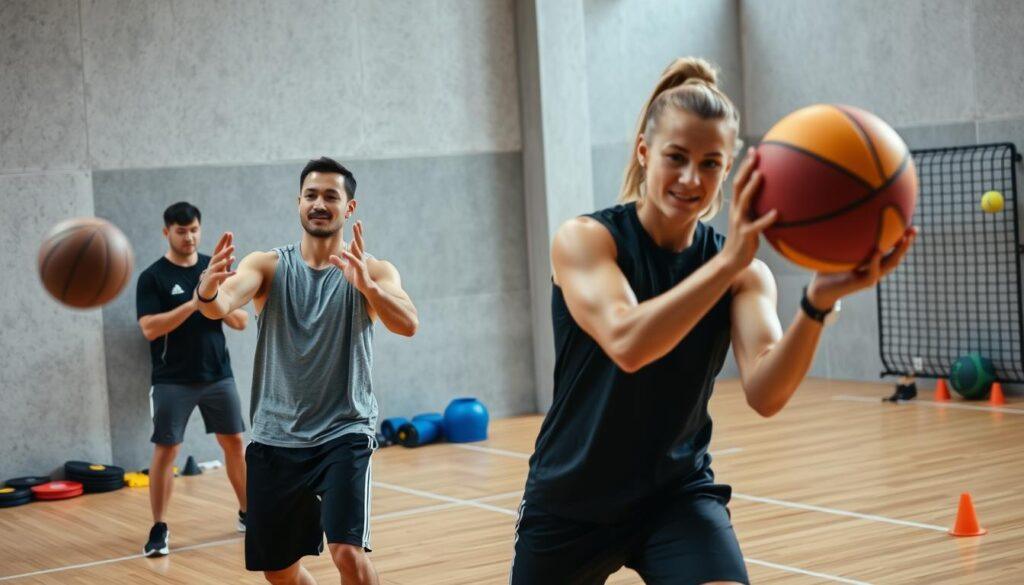 A focused training session showcasing athletes engaged in various hand-eye coordination exercises. In the foreground, two athletes—a man and a woman—are dynamically positioned, one catching a ball while the other practices with a reaction ball. Both wear modest athletic apparel. In the middle ground, a trainer uses a stopwatch, encouraging another athlete who is performing drills with a tennis ball against a wall. The background features a well-lit sports gym with textured walls and scattered training equipment, like cones and medicine balls. The scene is brightly lit to emphasize motion and concentration, with a slight motion blur effect on the ball to convey action. The atmosphere is energetic and inspiring, reflecting the focus and determination of athletes enhancing their skills. A focused training session showcasing athletes engaged in various hand-eye coordination exercises. In the foreground, two athletes—a man and a woman—are dynamically positioned, one catching a ball while the other practices with a reaction ball. Both wear modest athletic apparel. In the middle ground, a trainer uses a stopwatch, encouraging another athlete who is performing drills with a tennis ball against a wall. The background features a well-lit sports gym with textured walls and scattered training equipment, like cones and medicine balls. The scene is brightly lit to emphasize motion and concentration, with a slight motion blur effect on the ball to convey action. The atmosphere is energetic and inspiring, reflecting the focus and determination of athletes enhancing their skills.