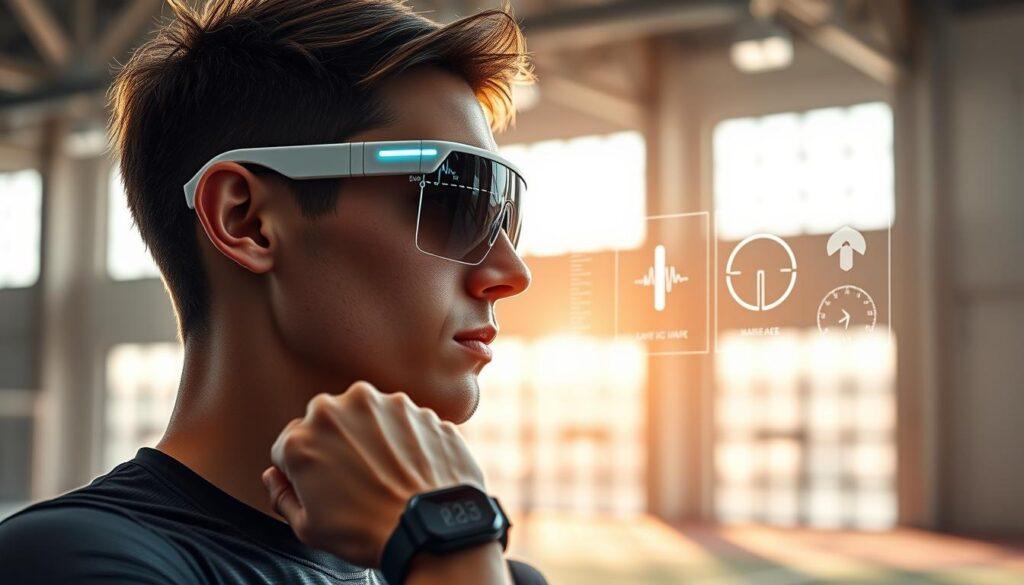 A futuristic athlete wearing sleek smart eyewear and advanced biometric trackers on their wrists, focused on a digital sports interface projected in front of them. The foreground features the athlete in a dynamic pose, showcasing the high-tech gear that seamlessly integrates into their training environment. In the middle, digital displays hover, showing real-time performance metrics like heart rate, visual tracking data, and augmented reality overlays. The background is a bright, modern sports facility with large windows, allowing natural light to flood the scene. The atmosphere is energetic and innovative, emphasizing a commitment to enhancing sports eye health through technology. The image should capture a sense of forward-thinking and athleticism, with details highlighting the quality of the smart equipment.