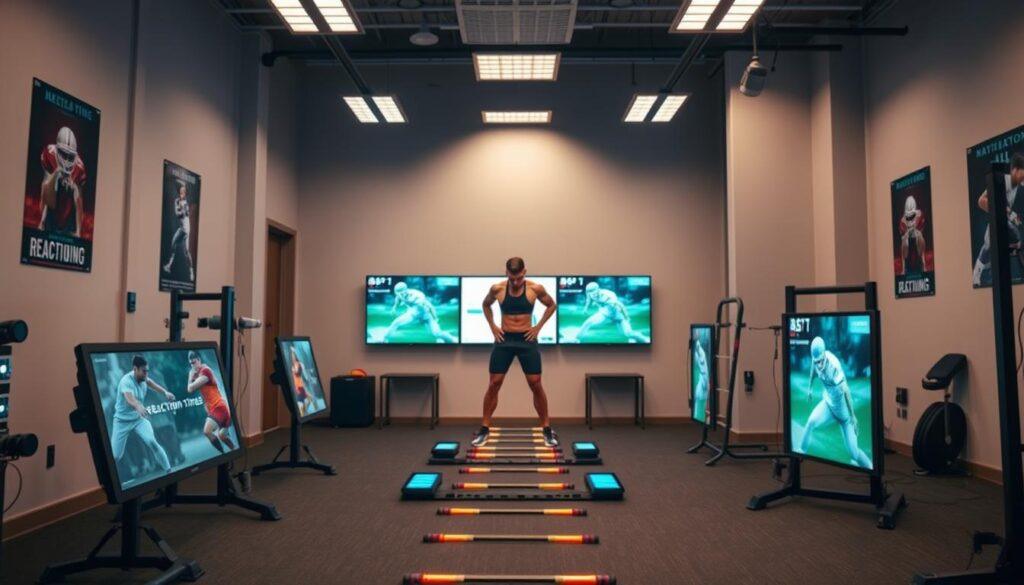 A sleek room filled with modern reaction time training tools, prominently featuring electronic reaction lights, agility ladders, and interactive training screens in the foreground. In the middle, a determined athlete in fitted athletic gear, focused and poised, practicing with the tools under soft, diffused lighting. The background showcases a well-equipped training facility with neutral-colored walls and motivational sports posters, creating an energetic yet professional atmosphere. The image captures the essence of cutting-edge technology and athletic dedication, utilizing a slightly elevated angle to highlight both the athlete's movements and the innovative equipment. The overall mood is one of concentration and advancement in athletic training. A sleek room filled with modern reaction time training tools, prominently featuring electronic reaction lights, agility ladders, and interactive training screens in the foreground. In the middle, a determined athlete in fitted athletic gear, focused and poised, practicing with the tools under soft, diffused lighting. The background showcases a well-equipped training facility with neutral-colored walls and motivational sports posters, creating an energetic yet professional atmosphere. The image captures the essence of cutting-edge technology and athletic dedication, utilizing a slightly elevated angle to highlight both the athlete's movements and the innovative equipment. The overall mood is one of concentration and advancement in athletic training.