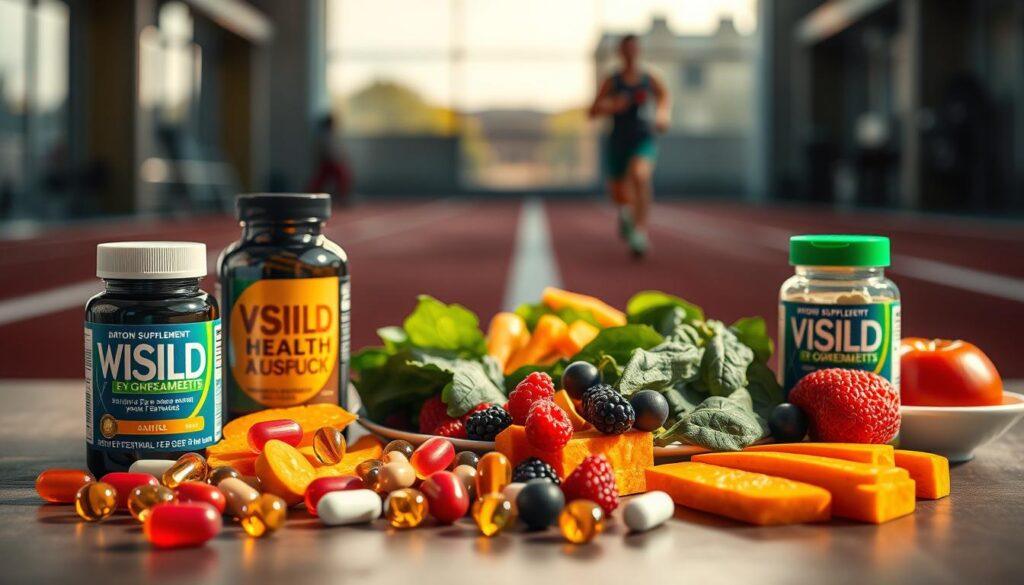 A visually striking arrangement of vision supplements prominently displayed in the foreground, showcasing vibrant, colorful capsules and bottles. The middle ground features a healthy meal plate with eye-friendly foods, such as sweet potatoes, spinach, and berries artistically arranged to emphasize nutritional value for athletes. In the background, soft-focus elements like blurred gym equipment or a scenic running track create an athletic ambiance. The scene is illuminated by warm, natural light, casting gentle shadows that enhance the textures of the supplements and food. The overall mood is energetic and health-focused, inviting viewers to consider the importance of nutrition for eye health in athletic performance. The composition should be shot from a slightly elevated angle to capture both the supplements and the meal in a dynamic, engaging layout. A visually striking arrangement of vision supplements prominently displayed in the foreground, showcasing vibrant, colorful capsules and bottles. The middle ground features a healthy meal plate with eye-friendly foods, such as sweet potatoes, spinach, and berries artistically arranged to emphasize nutritional value for athletes. In the background, soft-focus elements like blurred gym equipment or a scenic running track create an athletic ambiance. The scene is illuminated by warm, natural light, casting gentle shadows that enhance the textures of the supplements and food. The overall mood is energetic and health-focused, inviting viewers to consider the importance of nutrition for eye health in athletic performance. The composition should be shot from a slightly elevated angle to capture both the supplements and the meal in a dynamic, engaging layout.