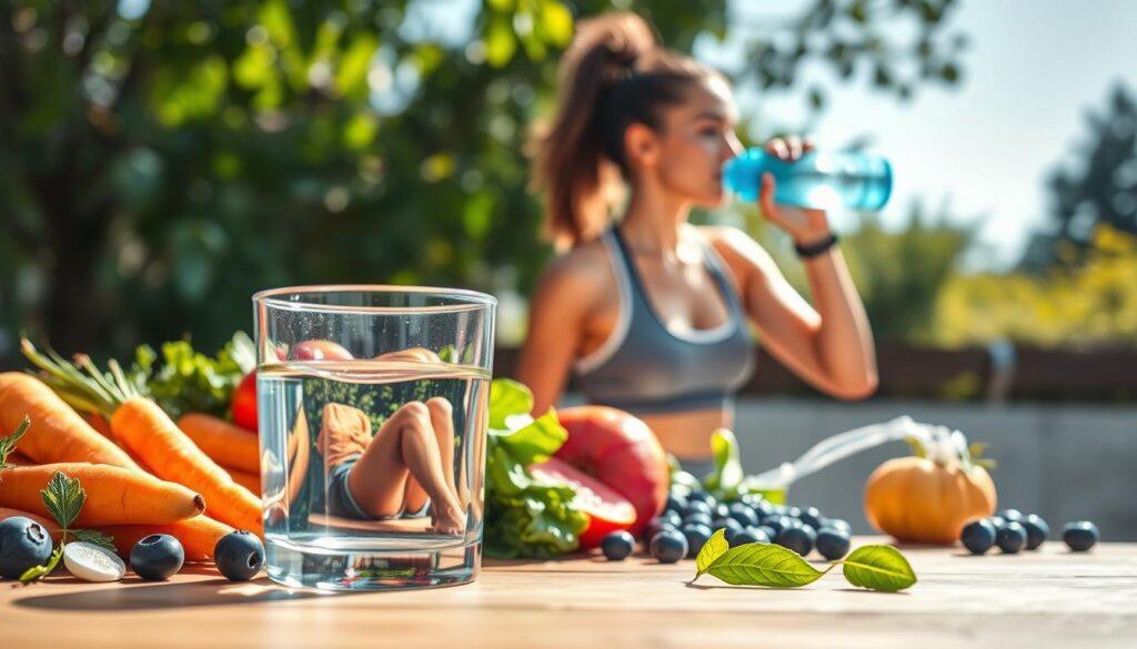 A visually striking composition focusing on eye nutrition, featuring a vibrant array of nutritious foods known for promoting eye health. In the foreground, a clear glass of water is placed next to colorful fruits and vegetables rich in vitamins A, C, and E, like carrots, blueberries, and leafy greens. The middle layer includes a snapshot of an athlete, dressed in a modest sports outfit, engaging in a hydration routine, holding a water bottle, with a determined expression. The background is a softly blurred outdoor setting, symbolizing a bright day, with sunlight filtering through leaves, creating an uplifting atmosphere. The lighting is natural and bright, emphasizing the freshness of the produce and the athlete's focused demeanor, captured at an angle that showcases both elements harmoniously. A visually striking composition focusing on eye nutrition, featuring a vibrant array of nutritious foods known for promoting eye health. In the foreground, a clear glass of water is placed next to colorful fruits and vegetables rich in vitamins A, C, and E, like carrots, blueberries, and leafy greens. The middle layer includes a snapshot of an athlete, dressed in a modest sports outfit, engaging in a hydration routine, holding a water bottle, with a determined expression. The background is a softly blurred outdoor setting, symbolizing a bright day, with sunlight filtering through leaves, creating an uplifting atmosphere. The lighting is natural and bright, emphasizing the freshness of the produce and the athlete's focused demeanor, captured at an angle that showcases both elements harmoniously.