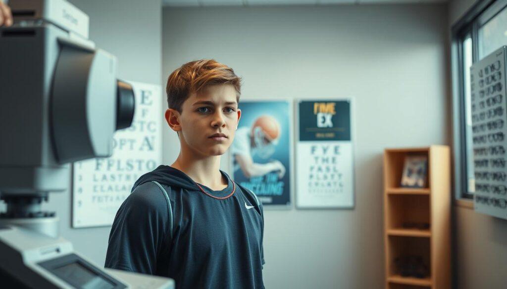 A well-lit sports vision exam room, featuring a young athlete in professional athletic wear, focused intently on an eye chart on the wall. The foreground shows advanced vision testing equipment, like a high-tech vision analyzer and a digital display. The middle ground captures the athlete’s concentration, with a slight tilt of their head, revealing determination. In the background, soft, diffused natural light spills through large windows, highlighting motivational sports posters and a shelf filled with eyeglass frames. The overall atmosphere is one of seriousness and professionalism, conveying the importance of regular vision checks for athletes. The composition should evoke a sense of focus and clarity, essential for athletic performance. A well-lit sports vision exam room, featuring a young athlete in professional athletic wear, focused intently on an eye chart on the wall. The foreground shows advanced vision testing equipment, like a high-tech vision analyzer and a digital display. The middle ground captures the athlete’s concentration, with a slight tilt of their head, revealing determination. In the background, soft, diffused natural light spills through large windows, highlighting motivational sports posters and a shelf filled with eyeglass frames. The overall atmosphere is one of seriousness and professionalism, conveying the importance of regular vision checks for athletes. The composition should evoke a sense of focus and clarity, essential for athletic performance.