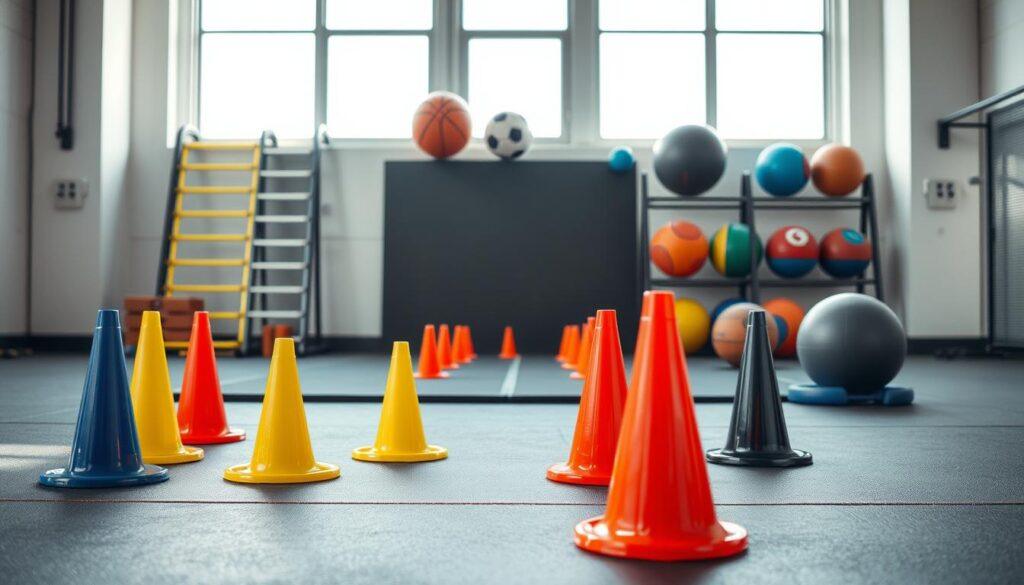 A well-organized gym setting featuring various coordination drills equipment. In the foreground, showcase a set of colorful agility cones arranged in various patterns, along with a speed ladder and balance balls. In the middle ground, display a sturdy training mat and a collection of reaction balls with different sizes and textures. The background should include a bright, airy gym space with large windows allowing natural light to flood the area, enhancing the vibrant colors of the equipment. The mood is energetic and focused, highlighting an atmosphere of athletic training. The camera angle is slightly elevated, capturing a dynamic perspective of the drills setup. Ensure the environment looks professional and inviting, prioritizing organization and a sense of readiness for athletes. A well-organized gym setting featuring various coordination drills equipment. In the foreground, showcase a set of colorful agility cones arranged in various patterns, along with a speed ladder and balance balls. In the middle ground, display a sturdy training mat and a collection of reaction balls with different sizes and textures. The background should include a bright, airy gym space with large windows allowing natural light to flood the area, enhancing the vibrant colors of the equipment. The mood is energetic and focused, highlighting an atmosphere of athletic training. The camera angle is slightly elevated, capturing a dynamic perspective of the drills setup. Ensure the environment looks professional and inviting, prioritizing organization and a sense of readiness for athletes.