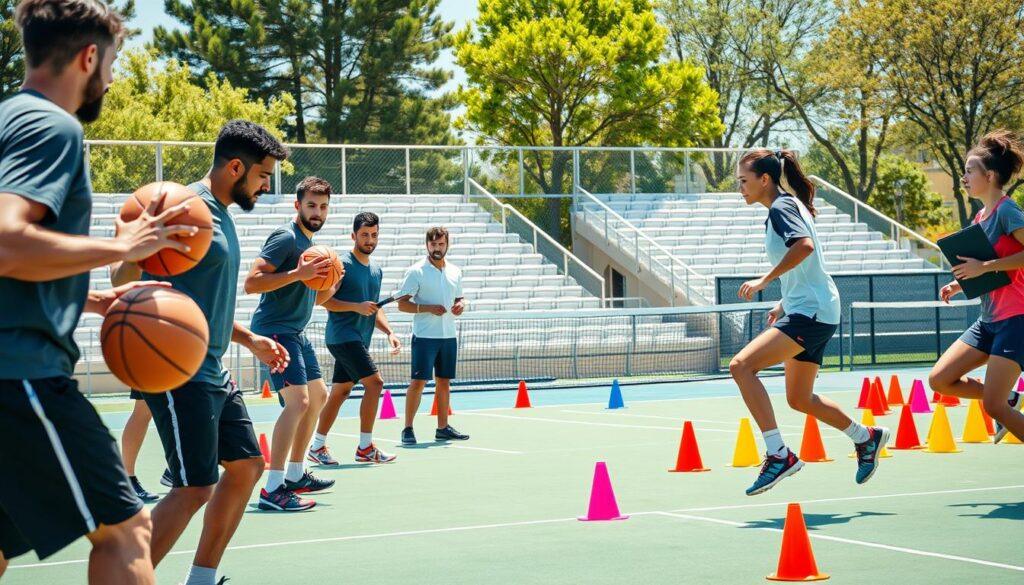 A dynamic sports training scene illustrating custom vision drills for basketball, tennis, and soccer. In the foreground, a diverse group of male and female athletes, dressed in professional sports attire, engage in intense drills. Basketball players practice shooting with targeted focus, a tennis player performs rapid footwork drills, and a soccer player navigates agility cones, showcasing keen visual awareness. In the middle ground, a coach provides instructions, holding a clipboard, while vibrant colored cones and equipment populate the training area. The background features a sunny outdoor sports facility, with bleachers and trees, creating a lively atmosphere. The lighting is bright and crisp, highlighting the athletes' expressions of concentration. The perspective is slightly elevated, capturing the energy and motion of the drills, evoking a sense of commitment to performance. A dynamic sports training scene illustrating custom vision drills for basketball, tennis, and soccer. In the foreground, a diverse group of male and female athletes, dressed in professional sports attire, engage in intense drills. Basketball players practice shooting with targeted focus, a tennis player performs rapid footwork drills, and a soccer player navigates agility cones, showcasing keen visual awareness. In the middle ground, a coach provides instructions, holding a clipboard, while vibrant colored cones and equipment populate the training area. The background features a sunny outdoor sports facility, with bleachers and trees, creating a lively atmosphere. The lighting is bright and crisp, highlighting the athletes' expressions of concentration. The perspective is slightly elevated, capturing the energy and motion of the drills, evoking a sense of commitment to performance.