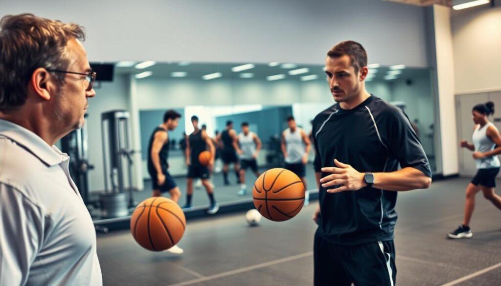 A sophisticated sports training facility featuring a diverse group of athletes engaged in sport-specific vision drills. In the foreground, a focused coach is observing two players, one dribbling a basketball and another reading the game's dynamics, both dressed in professional athletic attire. In the middle ground, additional athletes are participating in drills designed for different sports, such as soccer, basketball, and tennis, illustrating varied techniques and challenges. The background showcases modern training equipment and a large mirror reflecting the entire scene. Soft, natural lighting illuminates the space, enhancing the sense of focus and determination. The atmosphere conveys an energetic yet disciplined vibe, emphasizing the importance of vision training in enhancing game-day performance. A sophisticated sports training facility featuring a diverse group of athletes engaged in sport-specific vision drills. In the foreground, a focused coach is observing two players, one dribbling a basketball and another reading the game's dynamics, both dressed in professional athletic attire. In the middle ground, additional athletes are participating in drills designed for different sports, such as soccer, basketball, and tennis, illustrating varied techniques and challenges. The background showcases modern training equipment and a large mirror reflecting the entire scene. Soft, natural lighting illuminates the space, enhancing the sense of focus and determination. The atmosphere conveys an energetic yet disciplined vibe, emphasizing the importance of vision training in enhancing game-day performance.