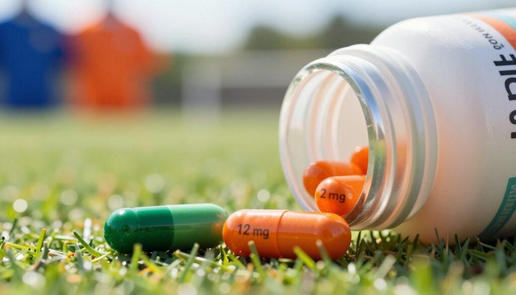 A close-up shot of two distinct dietary supplement capsules labeled "10 mg" and "2 mg" in a sleek, modern glass bottle. The foreground features the capsules prominently, showcasing their vibrant colors—one deep green representing Lutein and the other bright orange for Zeaxanthin. In the middle, a soft-focus background includes a blurred sports field, implying an athletic environment, with hints of grass and vibrant colors of team jerseys. The lighting is bright and natural, casting a warm glow that creates an inviting atmosphere, emphasizing health and vitality. The angle is slightly tilted downward, focusing on the capsules while providing a sense of depth. The overall mood is energetic and inspirational, reflecting the theme of enhancing vision for optimal athletic performance. A close-up shot of two distinct dietary supplement capsules labeled "10 mg" and "2 mg" in a sleek, modern glass bottle. The foreground features the capsules prominently, showcasing their vibrant colors—one deep green representing Lutein and the other bright orange for Zeaxanthin. In the middle, a soft-focus background includes a blurred sports field, implying an athletic environment, with hints of grass and vibrant colors of team jerseys. The lighting is bright and natural, casting a warm glow that creates an inviting atmosphere, emphasizing health and vitality. The angle is slightly tilted downward, focusing on the capsules while providing a sense of depth. The overall mood is energetic and inspirational, reflecting the theme of enhancing vision for optimal athletic performance.