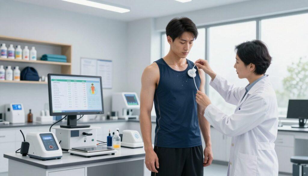 A detailed illustration of a sweat rate testing protocol in a modern sports science lab. In the foreground, a professional scientist wearing a lab coat is accurately measuring the sweat rate of an athlete in athletic wear, using specialized equipment like a sweat collector and scales. The middle ground features a high-tech workstation with data displays showing hydration metrics and environmental conditions. Bright, clinical overhead lighting highlights the precise tools and equipment. In the background, visually balanced shelves display hydration products and training gear, while large windows allow natural light to stream in, creating a motivational and focused atmosphere. The image should convey professionalism and dedication to athletic performance, emphasizing the importance of hydration in sports. A detailed illustration of a sweat rate testing protocol in a modern sports science lab. In the foreground, a professional scientist wearing a lab coat is accurately measuring the sweat rate of an athlete in athletic wear, using specialized equipment like a sweat collector and scales. The middle ground features a high-tech workstation with data displays showing hydration metrics and environmental conditions. Bright, clinical overhead lighting highlights the precise tools and equipment. In the background, visually balanced shelves display hydration products and training gear, while large windows allow natural light to stream in, creating a motivational and focused atmosphere. The image should convey professionalism and dedication to athletic performance, emphasizing the importance of hydration in sports.