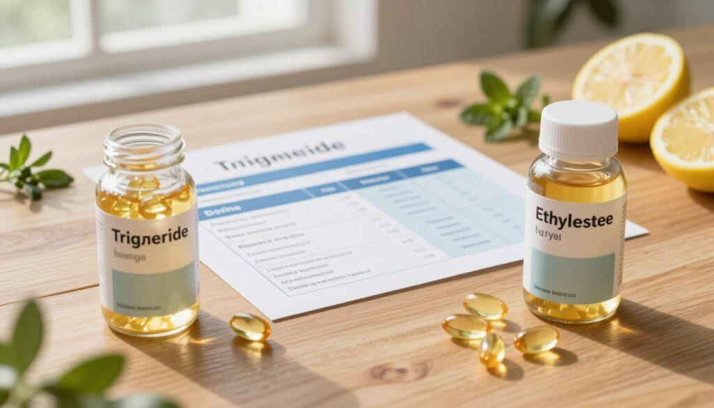 A detailed supplement guide comparing omega-3 triglyceride and ethyl ester forms. In the foreground, a sleek glass with fish oil capsules labeled as triglyceride on one side, and ethyl ester on the opposite side, showcasing their different appearances. In the middle ground, a stylish wooden table displaying a well-organized chart with sections on dosing recommendations and meal timing, adorned with fresh herbs and lemon slices to suggest healthy eating. In the background, soft, natural lighting filters in through a window, highlighting the contrast between the two supplement types and creating a warm, inviting atmosphere. The overall mood is informative yet calming, encouraging a sense of wellness and clarity. The image is captured from a slight overhead angle to provide a comprehensive view of the scene. A detailed supplement guide comparing omega-3 triglyceride and ethyl ester forms. In the foreground, a sleek glass with fish oil capsules labeled as triglyceride on one side, and ethyl ester on the opposite side, showcasing their different appearances. In the middle ground, a stylish wooden table displaying a well-organized chart with sections on dosing recommendations and meal timing, adorned with fresh herbs and lemon slices to suggest healthy eating. In the background, soft, natural lighting filters in through a window, highlighting the contrast between the two supplement types and creating a warm, inviting atmosphere. The overall mood is informative yet calming, encouraging a sense of wellness and clarity. The image is captured from a slight overhead angle to provide a comprehensive view of the scene.