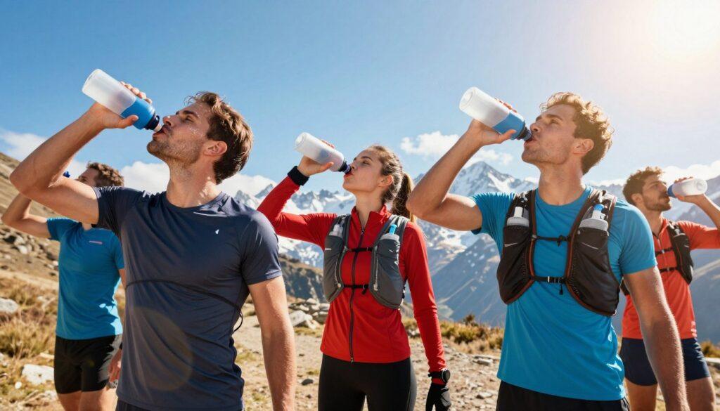 A dynamic scene showcasing athletes employing hydration tactics tailored to various environments. In the foreground, a diverse group of athletes—wearing professional sports gear—are shown actively hydrating with water bottles and electrolyte drinks. The middle ground features different environmental settings: on one side, athletes perform in a hot, sun-drenched landscape with sweat glistening on their brows; on the opposite side, snow-capped mountains depict cold conditions, with athletes adjusting insulated hydration packs. Above, a clear blue sky transitions to higher altitudes with thin atmospheric hints. In the background, shifting winds create movement in the athletes' gear, emphasizing a sense of motion. The light captures vibrant colors, enhancing the intensity of the scene, while a lens flare adds a touch of energy, evoking a sense of urgency and focus on hydration strategies. A dynamic scene showcasing athletes employing hydration tactics tailored to various environments. In the foreground, a diverse group of athletes—wearing professional sports gear—are shown actively hydrating with water bottles and electrolyte drinks. The middle ground features different environmental settings: on one side, athletes perform in a hot, sun-drenched landscape with sweat glistening on their brows; on the opposite side, snow-capped mountains depict cold conditions, with athletes adjusting insulated hydration packs. Above, a clear blue sky transitions to higher altitudes with thin atmospheric hints. In the background, shifting winds create movement in the athletes' gear, emphasizing a sense of motion. The light captures vibrant colors, enhancing the intensity of the scene, while a lens flare adds a touch of energy, evoking a sense of urgency and focus on hydration strategies.