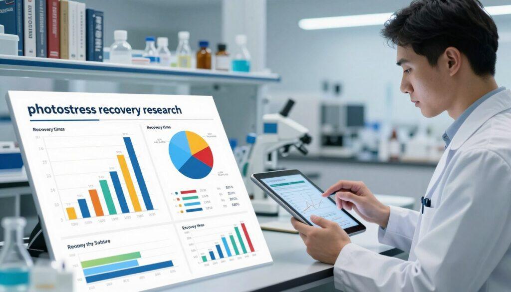 A modern and sleek data visualization scene focused on "photostress recovery research." In the foreground, a clean and organized infographic displays colorful bar graphs and pie charts illustrating recovery times and endurance metrics related to glare and photostress. The middle ground features a researcher in professional attire using a tablet, analyzing data with a focused expression, highlighting engagement with the research. In the background, a softly lit laboratory setting with blurred shelves of scientific books and tools creates a scholarly atmosphere. The lighting is bright yet soft to emphasize clarity, and the angle is slightly angled down, directing attention to both the researcher and the informative visualizations. The overall mood is professional, insightful, and dedicated to scientific discovery. A modern and sleek data visualization scene focused on "photostress recovery research." In the foreground, a clean and organized infographic displays colorful bar graphs and pie charts illustrating recovery times and endurance metrics related to glare and photostress. The middle ground features a researcher in professional attire using a tablet, analyzing data with a focused expression, highlighting engagement with the research. In the background, a softly lit laboratory setting with blurred shelves of scientific books and tools creates a scholarly atmosphere. The lighting is bright yet soft to emphasize clarity, and the angle is slightly angled down, directing attention to both the researcher and the informative visualizations. The overall mood is professional, insightful, and dedicated to scientific discovery.