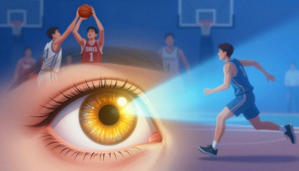 A scientific illustration depicting the concept of macular pigment blue-light filtering. In the foreground, showcase an eye with a vibrant illustration of the macula, highlighting lutein and zeaxanthin as golden-yellow hues filtering blue light. In the middle, include a blurred representation of athletes in action, emphasizing visual acuity during sports, such as a basketball player making a shot and a runner sprinting. In the background, create a gradient of blue tones to represent harmful blue light, contrasted with a warm glow around the macula. Use dynamic, soft lighting to enhance depth and focus on the eye, capturing a scientific yet energetic atmosphere. Emphasize clarity and precision to reflect performance metrics connected to visual health. A scientific illustration depicting the concept of macular pigment blue-light filtering. In the foreground, showcase an eye with a vibrant illustration of the macula, highlighting lutein and zeaxanthin as golden-yellow hues filtering blue light. In the middle, include a blurred representation of athletes in action, emphasizing visual acuity during sports, such as a basketball player making a shot and a runner sprinting. In the background, create a gradient of blue tones to represent harmful blue light, contrasted with a warm glow around the macula. Use dynamic, soft lighting to enhance depth and focus on the eye, capturing a scientific yet energetic atmosphere. Emphasize clarity and precision to reflect performance metrics connected to visual health.