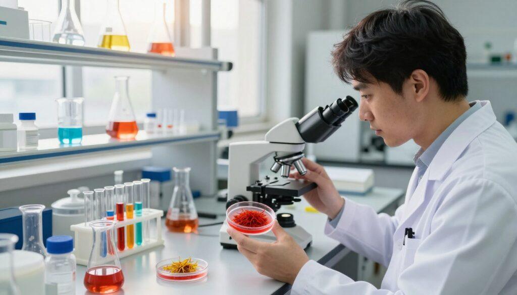 A sophisticated laboratory setting focusing on astaxanthin supplement research. In the foreground, a scientist in a white lab coat examines a petri dish filled with vibrant red astaxanthin and saffron samples under a microscope. In the middle, shelves lined with various scientific equipment, such as beakers and test tubes filled with colorful solutions, hint at ongoing research. The background features a large window allowing natural sunlight to illuminate the laboratory, casting a warm glow on the scene. The atmosphere is one of innovation and curiosity, emphasizing the promise of supplements for visual endurance. Use soft lighting to enhance the colors, captured from a slightly elevated angle to provide a comprehensive view of the workspace. A sophisticated laboratory setting focusing on astaxanthin supplement research. In the foreground, a scientist in a white lab coat examines a petri dish filled with vibrant red astaxanthin and saffron samples under a microscope. In the middle, shelves lined with various scientific equipment, such as beakers and test tubes filled with colorful solutions, hint at ongoing research. The background features a large window allowing natural sunlight to illuminate the laboratory, casting a warm glow on the scene. The atmosphere is one of innovation and curiosity, emphasizing the promise of supplements for visual endurance. Use soft lighting to enhance the colors, captured from a slightly elevated angle to provide a comprehensive view of the workspace.