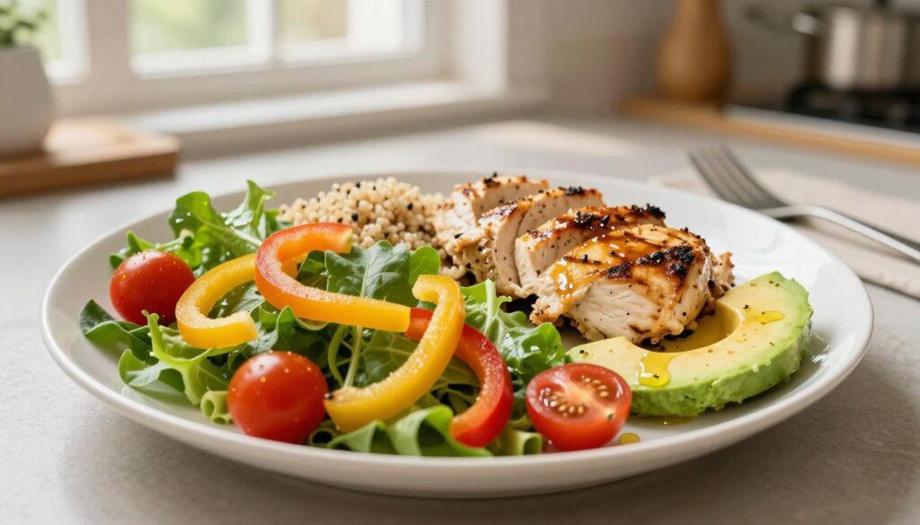 A beautifully arranged, balanced plate composition showcasing a variety of fiber, protein, and healthy fats. In the foreground, place a vibrant salad featuring leafy greens, colorful bell peppers, and cherry tomatoes, symbolizing fiber. In the middle ground, include a portion of grilled chicken or tofu for protein, alongside a small serving of quinoa. Add a drizzle of olive oil or a few slices of avocado to represent healthy fats. The background should showcase a softly blurred kitchen setting, with warm, natural light pouring in from a window, creating an inviting and wholesome atmosphere. The image should convey a sense of stability and health, with a focus on nutrition for overall well-being. A beautifully arranged, balanced plate composition showcasing a variety of fiber, protein, and healthy fats. In the foreground, place a vibrant salad featuring leafy greens, colorful bell peppers, and cherry tomatoes, symbolizing fiber. In the middle ground, include a portion of grilled chicken or tofu for protein, alongside a small serving of quinoa. Add a drizzle of olive oil or a few slices of avocado to represent healthy fats. The background should showcase a softly blurred kitchen setting, with warm, natural light pouring in from a window, creating an inviting and wholesome atmosphere. The image should convey a sense of stability and health, with a focus on nutrition for overall well-being.
