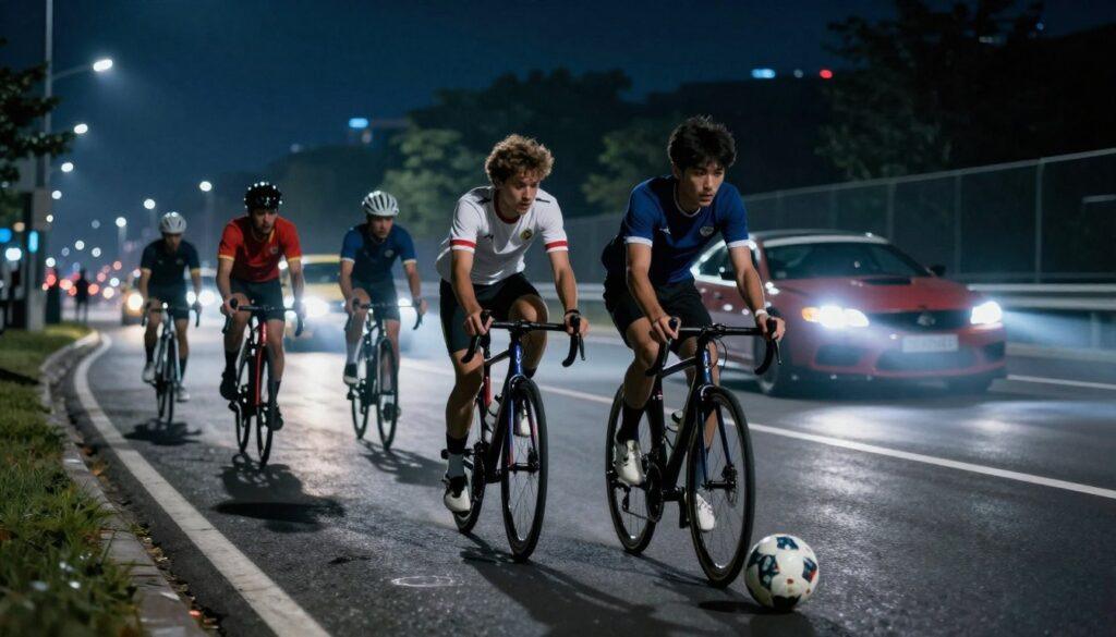 A dynamic low-light sports scene showcasing the adrenaline of soccer, cycling, and motorsport under artificial stadium lights. In the foreground, a soccer player skillfully dribbles the ball, emphasizing their focused expression and athletic gear. The middle ground features cyclists racing through a dimly lit urban landscape, illuminated by passing car headlights, highlighting their speed and determination. In the background, the blurred motion of a race car speeding on a winding track, with bright headlights piercing the darkness, creates a sense of urgency and excitement. The atmosphere is vibrant yet tense, with a cool color palette of deep blues and blacks, enhanced by sharp contrasts of light and shadow. The composition captures the essence of low-light performance, illustrating resilience and energy in sports. A dynamic low-light sports scene showcasing the adrenaline of soccer, cycling, and motorsport under artificial stadium lights. In the foreground, a soccer player skillfully dribbles the ball, emphasizing their focused expression and athletic gear. The middle ground features cyclists racing through a dimly lit urban landscape, illuminated by passing car headlights, highlighting their speed and determination. In the background, the blurred motion of a race car speeding on a winding track, with bright headlights piercing the darkness, creates a sense of urgency and excitement. The atmosphere is vibrant yet tense, with a cool color palette of deep blues and blacks, enhanced by sharp contrasts of light and shadow. The composition captures the essence of low-light performance, illustrating resilience and energy in sports.