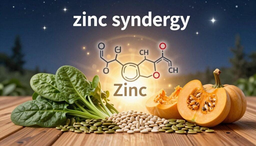 A visually striking representation of "zinc synergy," featuring a vibrant and lush depiction of zinc-rich foods like spinach, legumes, and pumpkin seeds in the foreground, arranged artfully on a wooden table. In the middle ground, include an artistic arrangement of chemical structures symbolizing interactions, surrounded by a soft, golden light to suggest energy and vitality. The background should have a blurred, serene scene of a night sky full of stars, conveying a sense of wonder and the nocturnal theme of dark adaptation. Use warm, inviting lighting to enhance the mood and atmosphere, while maintaining a professional and educational feel throughout the composition. Capture the essence of nutrition and harmony in this zinc-centric illustration, without any textual elements. A visually striking representation of "zinc synergy," featuring a vibrant and lush depiction of zinc-rich foods like spinach, legumes, and pumpkin seeds in the foreground, arranged artfully on a wooden table. In the middle ground, include an artistic arrangement of chemical structures symbolizing interactions, surrounded by a soft, golden light to suggest energy and vitality. The background should have a blurred, serene scene of a night sky full of stars, conveying a sense of wonder and the nocturnal theme of dark adaptation. Use warm, inviting lighting to enhance the mood and atmosphere, while maintaining a professional and educational feel throughout the composition. Capture the essence of nutrition and harmony in this zinc-centric illustration, without any textual elements.