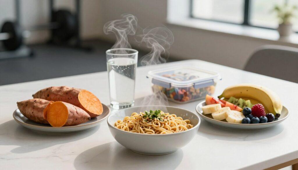 A well-composed scene showcasing a pre-game carbs strategy on a minimalist table. In the foreground, an assortment of healthy carbohydrate-rich foods: a bowl of whole-grain pasta with a sprinkle of herbs, sweet potatoes with steam rising, and a plate of colorful fruit like bananas and berries, elegantly arranged. In the middle ground, a glass of electrolyte drink sits beside a neatly organized small meal prep container. The background features a soft-focused gym or sports area, hinting at activity and preparation. The lighting is bright and inviting, casting gentle shadows that create depth, with a shallow-focus lens effect emphasizing the food. The overall mood is energetic and focused, reflecting a strategic approach to nutrition and performance enhancement. A well-composed scene showcasing a pre-game carbs strategy on a minimalist table. In the foreground, an assortment of healthy carbohydrate-rich foods: a bowl of whole-grain pasta with a sprinkle of herbs, sweet potatoes with steam rising, and a plate of colorful fruit like bananas and berries, elegantly arranged. In the middle ground, a glass of electrolyte drink sits beside a neatly organized small meal prep container. The background features a soft-focused gym or sports area, hinting at activity and preparation. The lighting is bright and inviting, casting gentle shadows that create depth, with a shallow-focus lens effect emphasizing the food. The overall mood is energetic and focused, reflecting a strategic approach to nutrition and performance enhancement.
