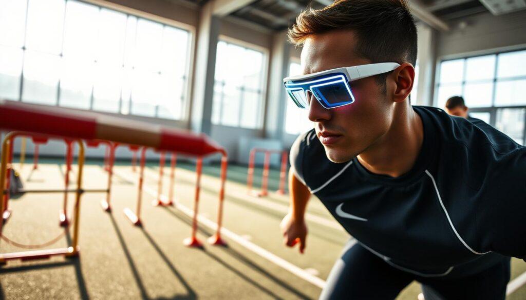 A dynamic training scene showcasing an athlete wearing stroboscopic glasses, focusing on visual acuity enhancement. In the foreground, the athlete is in a professional, fitted sports outfit, showing concentration as they track moving objects in a training facility. The middle layer features various training apparatuses like agility ladders or cones, emphasizing dynamic movement. The background shows a coach observing the session, taking notes, and a large window allowing natural light to fill the space, creating a bright and energetic atmosphere. The lighting is high-contrast to highlight the athlete’s movements and reactions, while deep shadows add depth. The angle captures the intensity of the athlete's focus and the motion around them, evoking a sense of determination and cutting-edge training techniques. A dynamic training scene showcasing an athlete wearing stroboscopic glasses, focusing on visual acuity enhancement. In the foreground, the athlete is in a professional, fitted sports outfit, showing concentration as they track moving objects in a training facility. The middle layer features various training apparatuses like agility ladders or cones, emphasizing dynamic movement. The background shows a coach observing the session, taking notes, and a large window allowing natural light to fill the space, creating a bright and energetic atmosphere. The lighting is high-contrast to highlight the athlete’s movements and reactions, while deep shadows add depth. The angle captures the intensity of the athlete's focus and the motion around them, evoking a sense of determination and cutting-edge training techniques.