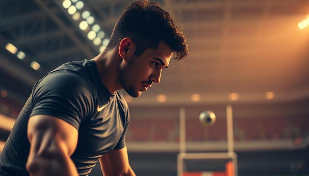 A focused athlete in professional sports attire, such as a fitted jersey and shorts, is in the foreground, demonstrating the "quiet eye technique." Their gaze is directed intensely at a distant target, highlighting the concept of extended visual fixation. In the middle ground, a ball or target is positioned at a clear distance, symbolizing precision and concentration. The background features a blurred out sports field or arena setting, conveying a sense of motion and excitement. Soft, warm lighting illuminates the scene, creating contrasts that emphasize the athlete's determination. The image conveys an atmosphere of focus and intensity, illustrating how longer visual fixations can enhance accuracy and performance. The camera angle is slightly low, capturing the athlete's profile and the target in a dynamic composition. A focused athlete in professional sports attire, such as a fitted jersey and shorts, is in the foreground, demonstrating the "quiet eye technique." Their gaze is directed intensely at a distant target, highlighting the concept of extended visual fixation. In the middle ground, a ball or target is positioned at a clear distance, symbolizing precision and concentration. The background features a blurred out sports field or arena setting, conveying a sense of motion and excitement. Soft, warm lighting illuminates the scene, creating contrasts that emphasize the athlete's determination. The image conveys an atmosphere of focus and intensity, illustrating how longer visual fixations can enhance accuracy and performance. The camera angle is slightly low, capturing the athlete's profile and the target in a dynamic composition.