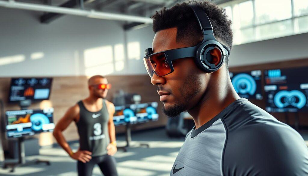 A focused training session on sports vision, featuring a professional athlete in a modern training facility. In the foreground, the athlete, dressed in a fitted sports uniform, is engaged in a visual training exercise, intently focusing on a dynamic target moving across the field of vision. The middle ground showcases an array of high-tech visual training equipment, including monitors displaying metrics and graphics related to vision performance. The background reveals a spacious training environment with soft sunlight filtering through large windows, casting gentle shadows across the room. The atmosphere is one of concentration and determination, highlighting the importance of strategy in enhancing peripheral vision. The composition should capture the essence of focused vision training with a balance of clarity and depth. A focused training session on sports vision, featuring a professional athlete in a modern training facility. In the foreground, the athlete, dressed in a fitted sports uniform, is engaged in a visual training exercise, intently focusing on a dynamic target moving across the field of vision. The middle ground showcases an array of high-tech visual training equipment, including monitors displaying metrics and graphics related to vision performance. The background reveals a spacious training environment with soft sunlight filtering through large windows, casting gentle shadows across the room. The atmosphere is one of concentration and determination, highlighting the importance of strategy in enhancing peripheral vision. The composition should capture the essence of focused vision training with a balance of clarity and depth.