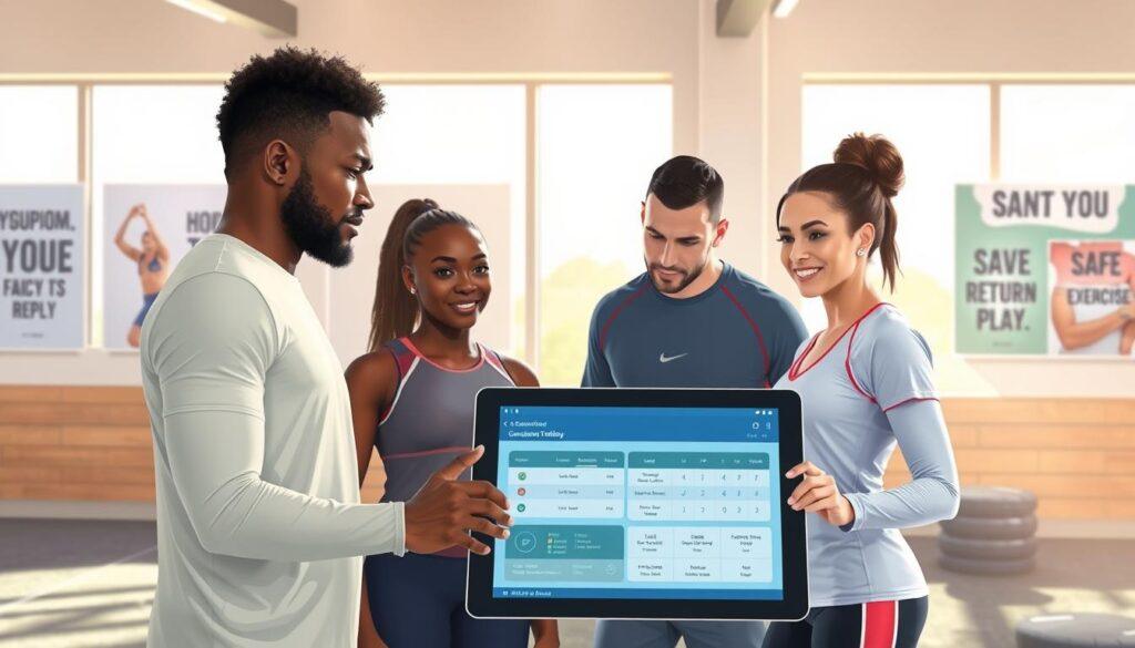 A visually engaging illustration focusing on "Symptom tracking, graded exercise, and visual workload management" for athletes. In the foreground, a diverse group of three athletes, including a male and female, dressed in professional sports attire, are gathered around a digital tablet displaying a symptom tracking interface. The middle ground features a trainer guiding them through a series of graded exercises, such as light stretches and vision tests, in a well-lit gym environment. The background showcases motivational posters related to concussion awareness and safe return-to-play strategies. Soft natural light filters through large windows, creating an uplifting and hopeful atmosphere, emphasizing recovery and teamwork. The composition is well-balanced, capturing a moment of collaboration and support in a professional setting.