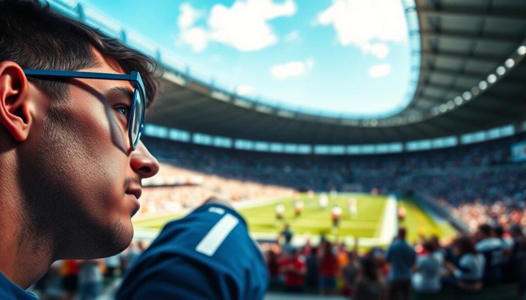 A visually striking and thought-provoking scene illustrating the myth surrounding blue light glasses and their impact on sports performance. In the foreground, a focused athlete wearing stylish, modern blue light glasses is intensely watching a sports game, showcasing an expression of concentration. The middle ground features a blurred action shot of athletes in motion on a vibrant, well-lit playing field, illustrating dynamic engagement. The background showcases a cheering crowd under a clear blue sky, enhancing the atmosphere of excitement and energy. Soft natural lighting casts gentle shadows, creating a sense of depth. The overall mood conveys a blend of determination and contemplation, as the athlete examines the myth of glasses improving on-field reaction time, emphasizing the contrast between comfort and performance. A visually striking and thought-provoking scene illustrating the myth surrounding blue light glasses and their impact on sports performance. In the foreground, a focused athlete wearing stylish, modern blue light glasses is intensely watching a sports game, showcasing an expression of concentration. The middle ground features a blurred action shot of athletes in motion on a vibrant, well-lit playing field, illustrating dynamic engagement. The background showcases a cheering crowd under a clear blue sky, enhancing the atmosphere of excitement and energy. Soft natural lighting casts gentle shadows, creating a sense of depth. The overall mood conveys a blend of determination and contemplation, as the athlete examines the myth of glasses improving on-field reaction time, emphasizing the contrast between comfort and performance.
