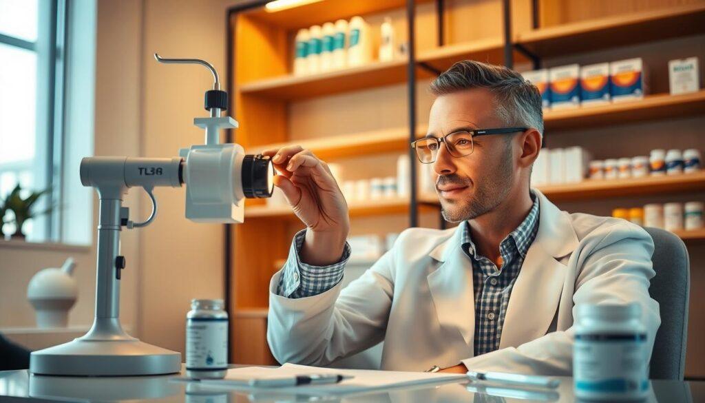A close-up view of a professional eye care specialist in a modern clinic setting, gently examining the eye of a patient sitting comfortably in a chair. The specialist is wearing a white lab coat and is focused on a small eye chart, illuminated by soft, warm lighting casting a calm atmosphere. The patient's expression reflects trust and reassurance. In the background, shelves filled with eye care products, including artificial tears and omega-3 supplements, add context. The lens captures the detail of the eye examination tools on the table. The scene emphasizes caring and professionalism, promoting a sense of safety and recovery in eye care. A close-up view of a professional eye care specialist in a modern clinic setting, gently examining the eye of a patient sitting comfortably in a chair. The specialist is wearing a white lab coat and is focused on a small eye chart, illuminated by soft, warm lighting casting a calm atmosphere. The patient's expression reflects trust and reassurance. In the background, shelves filled with eye care products, including artificial tears and omega-3 supplements, add context. The lens captures the detail of the eye examination tools on the table. The scene emphasizes caring and professionalism, promoting a sense of safety and recovery in eye care.