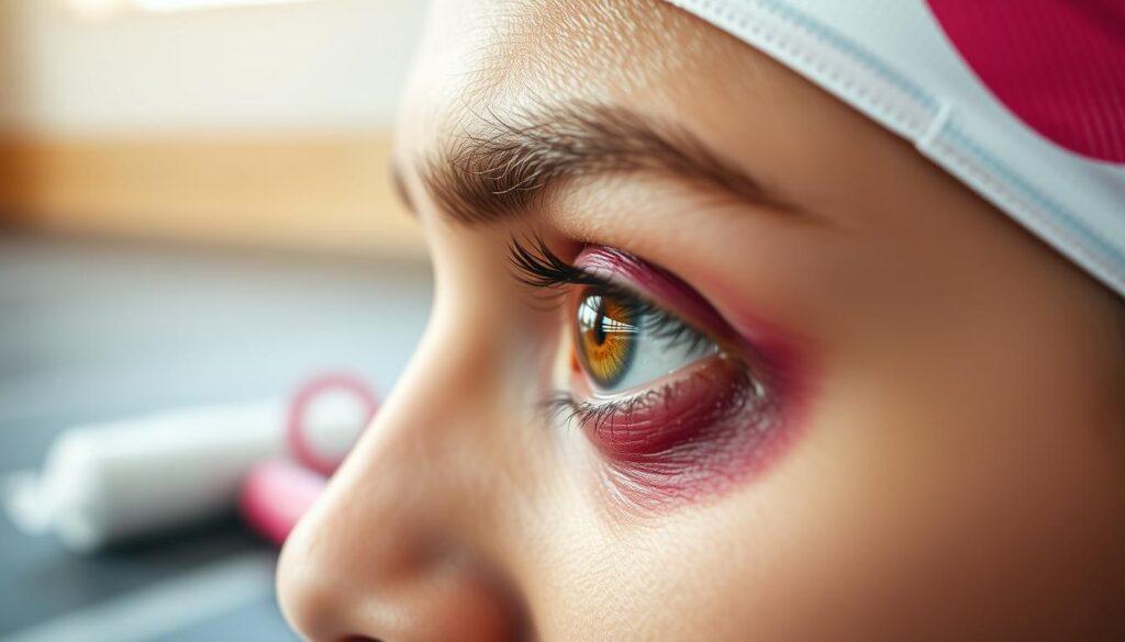 A close-up view of an athlete’s eye with a visible bruise surrounding the eyelid, emphasizing the healing process of a sports-related eye injury. The foreground features a neatly bandaged eye, showcasing the bruise in shades of purple and yellow for realism. In the middle ground, subtle items like an ice pack and a sports headband hint at recovery efforts. The background consists of a softly blurred gym environment to indicate a training setting, with warm, natural lighting to convey a sense of hope and positivity. Shot with a shallow depth of field to focus on the injury while maintaining a professional and calm atmosphere, suitable for an informative article on eye injury rehabilitation. A close-up view of an athlete’s eye with a visible bruise surrounding the eyelid, emphasizing the healing process of a sports-related eye injury. The foreground features a neatly bandaged eye, showcasing the bruise in shades of purple and yellow for realism. In the middle ground, subtle items like an ice pack and a sports headband hint at recovery efforts. The background consists of a softly blurred gym environment to indicate a training setting, with warm, natural lighting to convey a sense of hope and positivity. Shot with a shallow depth of field to focus on the injury while maintaining a professional and calm atmosphere, suitable for an informative article on eye injury rehabilitation.