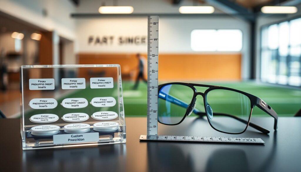 A detailed comparison of prescription eyewear inserts and custom prescriptions, featuring two sets of eyewear prominently displayed on a sleek, modern desk. In the foreground, a clear plastic display case showcases various prescription inserts, with labels highlighting their key features like fit, fog control, and compatibility. In the middle ground, a pair of stylish custom prescription sports eyewear rests confidently beside a magnifying ruler, emphasizing the precision of custom fitting. In the background, soft diffused lighting creates a warm atmosphere, while a blurred sports safety environment (like a gym or outdoor field) hints at the importance of protective eyewear in active settings. The overall mood is professional and informative, ideal for illustrating the practical choices in sports eyewear for injury prevention. A detailed comparison of prescription eyewear inserts and custom prescriptions, featuring two sets of eyewear prominently displayed on a sleek, modern desk. In the foreground, a clear plastic display case showcases various prescription inserts, with labels highlighting their key features like fit, fog control, and compatibility. In the middle ground, a pair of stylish custom prescription sports eyewear rests confidently beside a magnifying ruler, emphasizing the precision of custom fitting. In the background, soft diffused lighting creates a warm atmosphere, while a blurred sports safety environment (like a gym or outdoor field) hints at the importance of protective eyewear in active settings. The overall mood is professional and informative, ideal for illustrating the practical choices in sports eyewear for injury prevention.