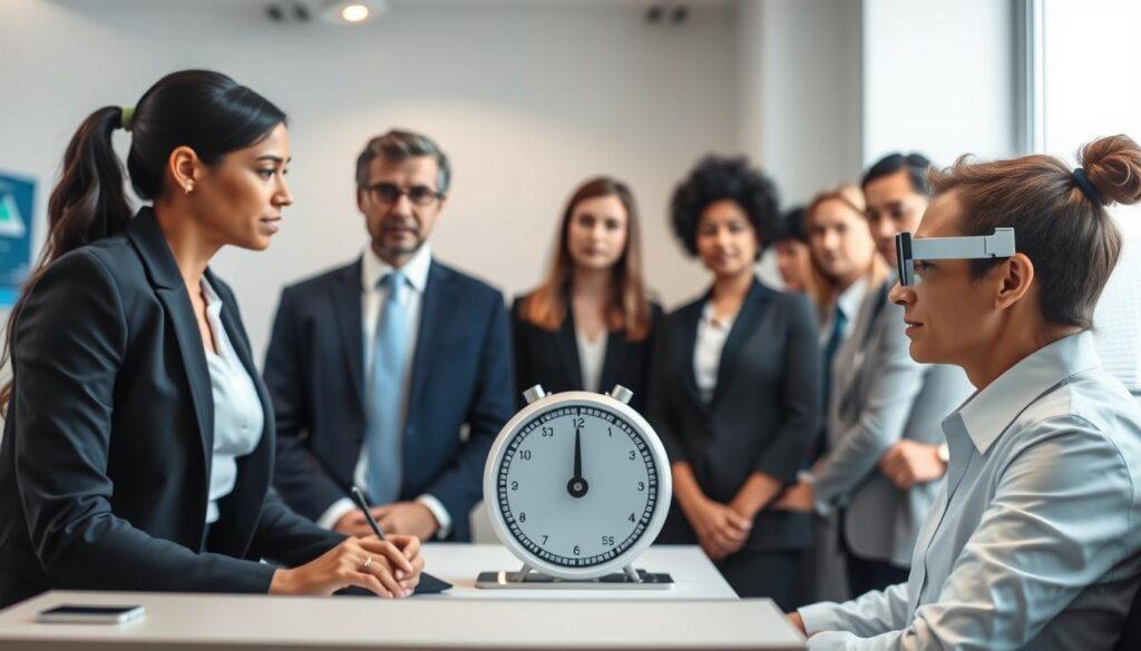 A focused clinical setting showcasing a vision screening session for dynamic fixation vision testing. In the foreground, a diverse group of professionals in smart business attire are attentively observing a patient performing fixation tasks on a digital screen that displays moving targets. The middle layer illustrates a metronome ticking steadily, symbolizing the timing aspect of the exercises. In the background, soft laboratory lights illuminate the room, creating a calm and professional atmosphere. The angle captures both the patient's concentration and the practitioners' engaged expressions, emphasizing the importance of tracking visual responses. The overall mood is one of professionalism and supportive collaboration in vision assessment.