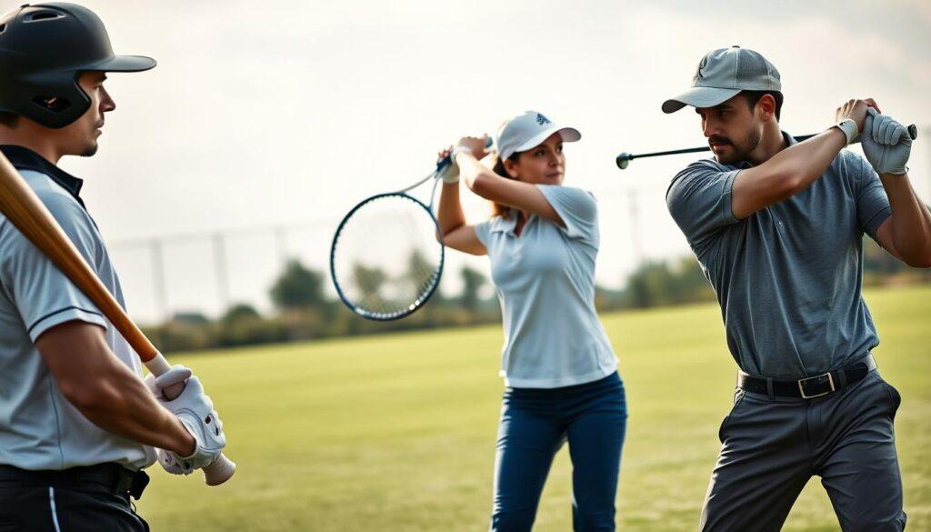 A focused composition depicting a diverse group of athletes engaged in batting, tennis, and golf alongside a visual representation of proper head position adjustments. In the foreground, a male baseball player in professional attire stands poised with a bat, demonstrating correct head alignment, while a female tennis player adjusts her stance, her head tilted slightly for optimal focus on the ball. A golfer in the background, clad in modest casual clothing, is captured mid-swing with an emphasis on shoulder turn and gaze alignment. The lighting is soft and natural, highlighting the details of their expressions and body positions, with an outdoor sports field scene that infuses energy and movement. The atmosphere is dynamic yet instructional, ideal for conveying techniques for improved aim and performance. A focused composition depicting a diverse group of athletes engaged in batting, tennis, and golf alongside a visual representation of proper head position adjustments. In the foreground, a male baseball player in professional attire stands poised with a bat, demonstrating correct head alignment, while a female tennis player adjusts her stance, her head tilted slightly for optimal focus on the ball. A golfer in the background, clad in modest casual clothing, is captured mid-swing with an emphasis on shoulder turn and gaze alignment. The lighting is soft and natural, highlighting the details of their expressions and body positions, with an outdoor sports field scene that infuses energy and movement. The atmosphere is dynamic yet instructional, ideal for conveying techniques for improved aim and performance.