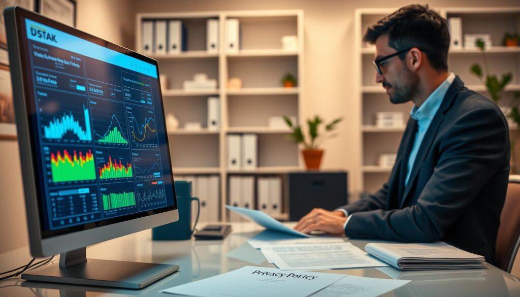 A modern, secure data log interface focused on vision screening analysis. In the foreground, a sleek computer monitor displays colorful, organized graphs and charts related to vision test results, glowing softly with a blue and green color scheme. A professional data analyst, dressed in business attire, is intently reviewing the data, emphasizing collaboration and detail. The middle ground features a clear workspace with paper records and a privacy policy document, considering the importance of secure data tracking and privacy. In the background, a softly lit office environment with shelves filled with medical files and a potted plant, creating a calm and focused atmosphere. The overall mood conveys professionalism, safety, and the significance of data integrity in health care settings.