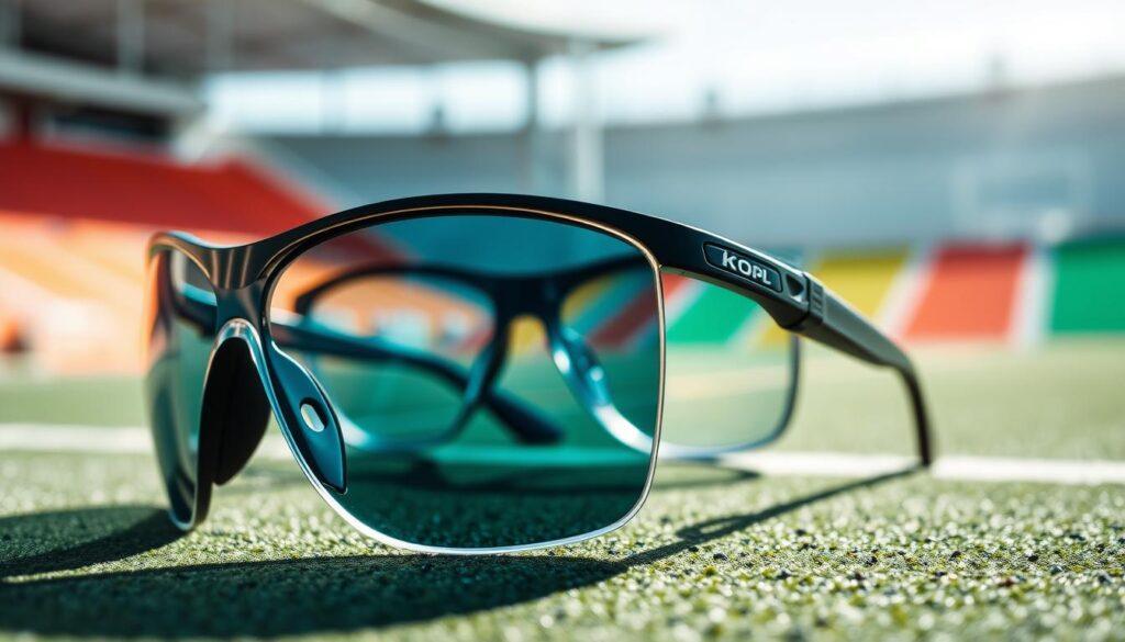 A pair of high-quality polycarbonate lenses prominently displayed in the foreground, showcasing their sleek, curved design and optical clarity. The light refracts through the lenses, highlighting their protective qualities against impacts, while faint reflections of a sports environment hint at their application in protective sports eyewear. In the middle ground, a subtle outline of a sporty, modern eyewear frame complements the lenses, designed for both safety and style, with textured rubber grip details. The background features a softly blurred, vibrant athletic field, conveying an atmosphere of dynamic movement and high performance. Natural sunlight illuminates the scene, casting soft shadows and enhancing the color contrast, creating an energetic yet professional mood. A pair of high-quality polycarbonate lenses prominently displayed in the foreground, showcasing their sleek, curved design and optical clarity. The light refracts through the lenses, highlighting their protective qualities against impacts, while faint reflections of a sports environment hint at their application in protective sports eyewear. In the middle ground, a subtle outline of a sporty, modern eyewear frame complements the lenses, designed for both safety and style, with textured rubber grip details. The background features a softly blurred, vibrant athletic field, conveying an atmosphere of dynamic movement and high performance. Natural sunlight illuminates the scene, casting soft shadows and enhancing the color contrast, creating an energetic yet professional mood.