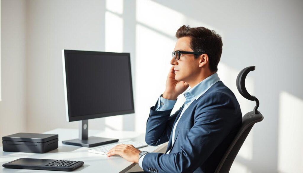 A professional ergonomic workspace focused on a vision-friendly head position setup. In the foreground, a person seated at a desk, wearing smart casual attire, adjusts their chair height and chin position to ensure proper alignment with a computer screen. The individual has a neutral expression, exhibiting good posture. In the middle, a well-organized desk with a modern monitor at eye level, positioned slightly below the horizontal line of sight. The background features soft natural lighting from a nearby window, casting gentle shadows that emphasize the workspace’s clarity. The atmosphere is calm and focused, promoting concentration and well-being. The lens captures a slightly elevated angle, highlighting the alignment cues for optimal eye dominance and stance adjustments. A professional ergonomic workspace focused on a vision-friendly head position setup. In the foreground, a person seated at a desk, wearing smart casual attire, adjusts their chair height and chin position to ensure proper alignment with a computer screen. The individual has a neutral expression, exhibiting good posture. In the middle, a well-organized desk with a modern monitor at eye level, positioned slightly below the horizontal line of sight. The background features soft natural lighting from a nearby window, casting gentle shadows that emphasize the workspace’s clarity. The atmosphere is calm and focused, promoting concentration and well-being. The lens captures a slightly elevated angle, highlighting the alignment cues for optimal eye dominance and stance adjustments.