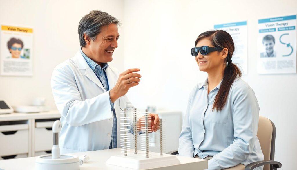 A professional-looking optometrist and a patient engaged in vision therapy exercises in a well-lit clinical setting. In the foreground, the optometrist, dressed in a white lab coat with a friendly demeanor, guides the patient through gentle vision warm-ups, demonstrating fixation and pursuit exercises. The patient, wearing modest casual attire, is focused and following instructions closely. The middle layer includes various vision therapy tools, such as saccade ladders, placed on a table nearby, with a bright, organized treatment room as the background. Soft, natural lighting illuminates the scene, creating an encouraging and supportive atmosphere, with educational posters about vision therapy on the walls, adding to the informative setting. The composition conveys a sense of professionalism and care, emphasizing rehabilitation and recovery. A professional-looking optometrist and a patient engaged in vision therapy exercises in a well-lit clinical setting. In the foreground, the optometrist, dressed in a white lab coat with a friendly demeanor, guides the patient through gentle vision warm-ups, demonstrating fixation and pursuit exercises. The patient, wearing modest casual attire, is focused and following instructions closely. The middle layer includes various vision therapy tools, such as saccade ladders, placed on a table nearby, with a bright, organized treatment room as the background. Soft, natural lighting illuminates the scene, creating an encouraging and supportive atmosphere, with educational posters about vision therapy on the walls, adding to the informative setting. The composition conveys a sense of professionalism and care, emphasizing rehabilitation and recovery.