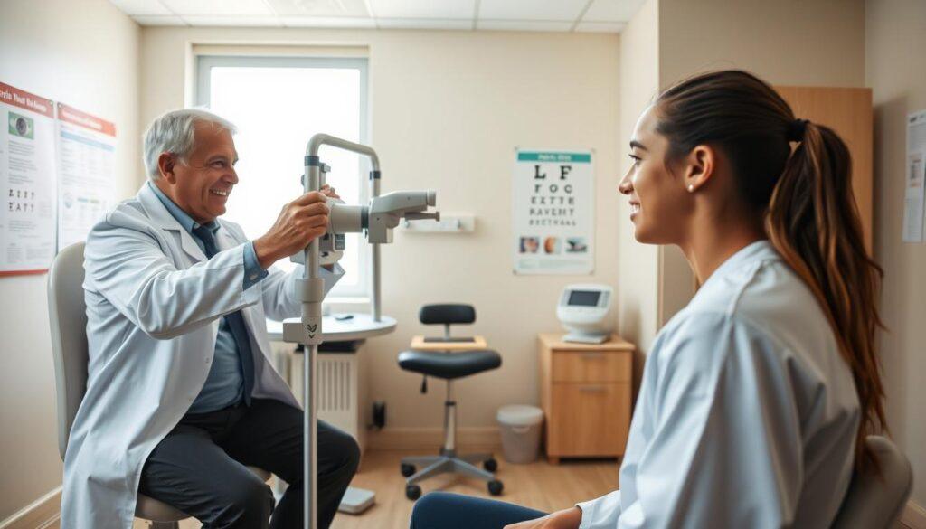 A bright, well-lit indoor medical examination room, showcasing two professionals engaged in a post-injury vision screening. In the foreground, a middle-aged optometrist in a white lab coat is using a vision chart while attentively observing a young athlete sitting across from them, dressed in modest athletic wear. The middle ground features an array of medical equipment such as an eye testing machine and charts on the walls displaying eye health information. In the background, a window lets in natural light, creating a calming atmosphere. The focus should capture the intensity of the exam and the athlete's focused expression, conveying a sense of determination and professionalism. The image should embody a clinical yet supportive mood, emphasizing the importance of proper assessment in the recovery process.