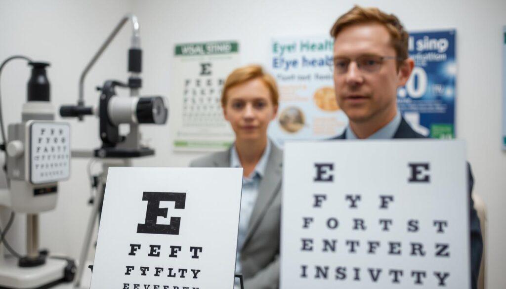 A clinical examination room featuring a range of visual acuity and contrast sensitivity tests. In the foreground, a simple eye chart with bold black letters on a white background. To the left, specialized equipment like a contrast sensitivity test chart and a stereo vision test device, neatly arranged. The middle ground includes a professional in business attire, demonstrating the testing processes, with attention to detail on their focused expression. The background is softly blurred medical posters related to eye health, enhancing the clinical atmosphere. The lighting is bright yet soft, casting minimal shadows and creating a clean, sterile environment. The overall mood is serious and methodical, emphasizing precision in vision assessment and recovery after injury.