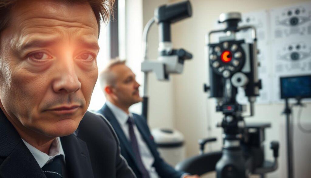 A close-up of a concerned person, wearing professional business attire, sitting in a well-lit clinic examination room. The foreground features their eyes, showing signs of urgency, with visible redness and strained pupils, symbolizing urgent eye symptoms. In the middle ground, an ophthalmologist is examining the patient with advanced eye-testing equipment, including a phoropter and retina camera, highlighting a clinical setting. The background shows anatomical eye diagrams and a large window letting in soft, natural light, creating a calm atmosphere. Use a shallow depth of field to keep the focus on the patient's eyes and the examining equipment while softly blurring the background. The mood should convey a sense of urgency and professionalism, emphasizing the importance of monitoring eye health in sports vision. A close-up of a concerned person, wearing professional business attire, sitting in a well-lit clinic examination room. The foreground features their eyes, showing signs of urgency, with visible redness and strained pupils, symbolizing urgent eye symptoms. In the middle ground, an ophthalmologist is examining the patient with advanced eye-testing equipment, including a phoropter and retina camera, highlighting a clinical setting. The background shows anatomical eye diagrams and a large window letting in soft, natural light, creating a calm atmosphere. Use a shallow depth of field to keep the focus on the patient's eyes and the examining equipment while softly blurring the background. The mood should convey a sense of urgency and professionalism, emphasizing the importance of monitoring eye health in sports vision.