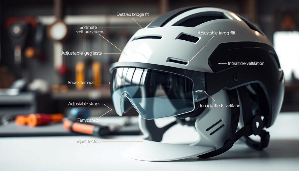 A close-up of a modern helmet equipped with integrated protective eyewear, showcasing the detailed bridge fit, snug temples, adjustable straps, and innovative ventilation features. The helmet is positioned on a clean white background to highlight its sleek design. Soft, diffused lighting creates a professional look, bringing out the textures of the helmet and eyewear materials, with a subtle shine that indicates functionality. In the background, slightly blurred, is a workstation with tools and safety equipment, emphasizing the importance of protection in an active environment. The mood is focused and technical, aimed at conveying safety and innovation in protective gear. The helmet should be displayed in an angle that captures both its structural design and how the eyewear seamlessly integrates with it. A close-up of a modern helmet equipped with integrated protective eyewear, showcasing the detailed bridge fit, snug temples, adjustable straps, and innovative ventilation features. The helmet is positioned on a clean white background to highlight its sleek design. Soft, diffused lighting creates a professional look, bringing out the textures of the helmet and eyewear materials, with a subtle shine that indicates functionality. In the background, slightly blurred, is a workstation with tools and safety equipment, emphasizing the importance of protection in an active environment. The mood is focused and technical, aimed at conveying safety and innovation in protective gear. The helmet should be displayed in an angle that captures both its structural design and how the eyewear seamlessly integrates with it.