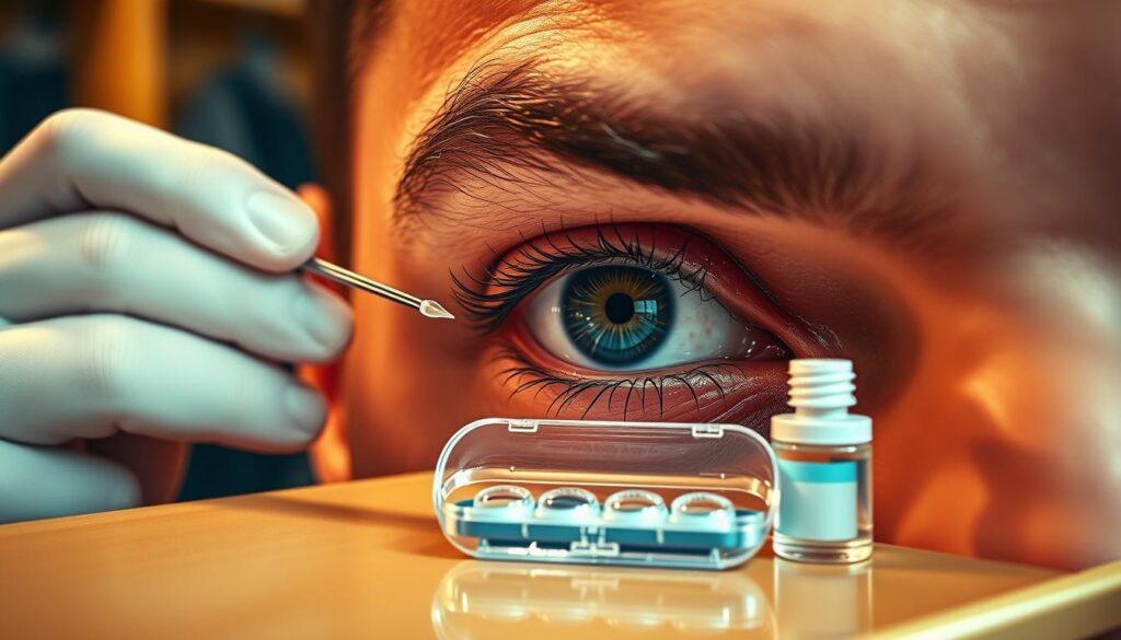 A close-up shot focusing on a single athlete's eye, showcasing meticulous contact lens hygiene practices. The foreground features the athlete, a male or female in professional athletic attire, carefully inserting daily disposable contact lenses with sterile tools, emphasizing cleanliness. The middle layer displays a stylish, transparent case containing multiple lenses and a lens cleaning solution, all arranged neatly on a glossy locker room shelf. The background hints at an athletic environment, softly blurred to maintain focus on the eye and lens care, with warm, natural lighting illuminating the scene. The overall mood is one of diligence and professionalism, reinforcing the importance of eye health in athletic performance and recovery. A close-up shot focusing on a single athlete's eye, showcasing meticulous contact lens hygiene practices. The foreground features the athlete, a male or female in professional athletic attire, carefully inserting daily disposable contact lenses with sterile tools, emphasizing cleanliness. The middle layer displays a stylish, transparent case containing multiple lenses and a lens cleaning solution, all arranged neatly on a glossy locker room shelf. The background hints at an athletic environment, softly blurred to maintain focus on the eye and lens care, with warm, natural lighting illuminating the scene. The overall mood is one of diligence and professionalism, reinforcing the importance of eye health in athletic performance and recovery.