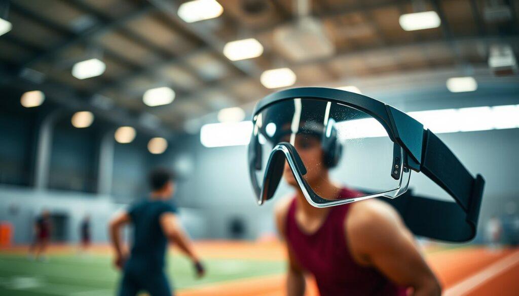 A close-up view of a pair of protective headgear goggles designed for athletes, prominently displayed in the foreground. The goggles should have a sleek, modern design with a reflective lens, showcasing slight imperfections that hint at recent use. In the middle ground, a blurred image of an athlete engaged in eye-intensive drills can be seen, emphasizing movement and concentration, creating a sense of urgency. The background features a bright, well-lit sports facility with high-contrast lighting, highlighting the action and drama of athletic training. The atmosphere conveys a sense of vigilance and care, capturing the importance of eye protection in high-risk activities. The composition should be dynamic and engaging, suitable for a professional article on sports safety and eye care. A close-up view of a pair of protective headgear goggles designed for athletes, prominently displayed in the foreground. The goggles should have a sleek, modern design with a reflective lens, showcasing slight imperfections that hint at recent use. In the middle ground, a blurred image of an athlete engaged in eye-intensive drills can be seen, emphasizing movement and concentration, creating a sense of urgency. The background features a bright, well-lit sports facility with high-contrast lighting, highlighting the action and drama of athletic training. The atmosphere conveys a sense of vigilance and care, capturing the importance of eye protection in high-risk activities. The composition should be dynamic and engaging, suitable for a professional article on sports safety and eye care.