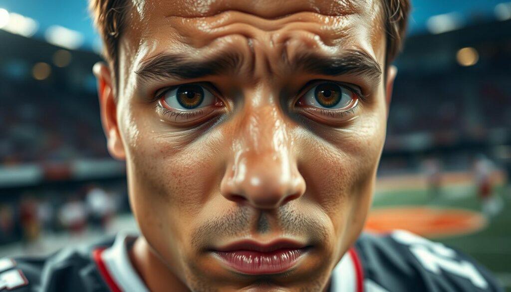 A close-up view of an athlete's face showcasing eye misalignment indicative of double vision. In the foreground, focus on their expressive eyes: one eye gazes straight ahead, while the other looks slightly askew, creating a disorienting effect. The athlete is wearing a professional sports uniform reflective of a serious sport, like football or basketball, with sweat glistening on their forehead, indicating the intensity of competition. In the middle ground, a blurred background shows a dynamic sports field, subtly hinting at an ongoing game. Use soft, natural lighting to emphasize the athlete's features and the concerned expression on their face, revealing the gravity of the situation. The atmosphere should be tense yet focused, encapsulating the importance of safety in sports. A close-up view of an athlete's face showcasing eye misalignment indicative of double vision. In the foreground, focus on their expressive eyes: one eye gazes straight ahead, while the other looks slightly askew, creating a disorienting effect. The athlete is wearing a professional sports uniform reflective of a serious sport, like football or basketball, with sweat glistening on their forehead, indicating the intensity of competition. In the middle ground, a blurred background shows a dynamic sports field, subtly hinting at an ongoing game. Use soft, natural lighting to emphasize the athlete's features and the concerned expression on their face, revealing the gravity of the situation. The atmosphere should be tense yet focused, encapsulating the importance of safety in sports.