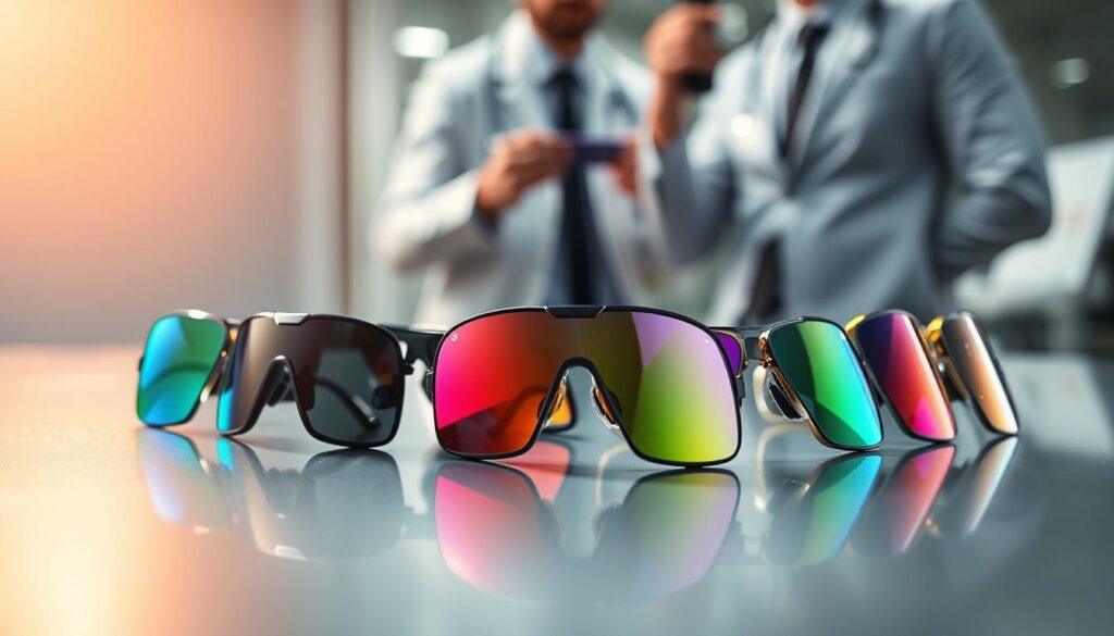 A close-up view of various prism lenses arranged on a sleek, reflective surface with a soft-focus effect in the background. Each lens is intricately designed, showcasing unique geometric shapes and varying colors that refract light into beautiful spectral patterns. Include a subtle gradient lighting source from the left, creating a soft glow that highlights the edges of the lenses and adds depth to their surfaces. The atmosphere is calm and clinical, suggesting a professional setting where these lenses are used for vision correction. In the background, a blurred figure dressed in professional attire examines some lenses, indicating their application in a rehabilitation context for athletes. The scene is well-composed, emphasizing both the technical aspects of the lenses and their practical use. A close-up view of various prism lenses arranged on a sleek, reflective surface with a soft-focus effect in the background. Each lens is intricately designed, showcasing unique geometric shapes and varying colors that refract light into beautiful spectral patterns. Include a subtle gradient lighting source from the left, creating a soft glow that highlights the edges of the lenses and adds depth to their surfaces. The atmosphere is calm and clinical, suggesting a professional setting where these lenses are used for vision correction. In the background, a blurred figure dressed in professional attire examines some lenses, indicating their application in a rehabilitation context for athletes. The scene is well-composed, emphasizing both the technical aspects of the lenses and their practical use.